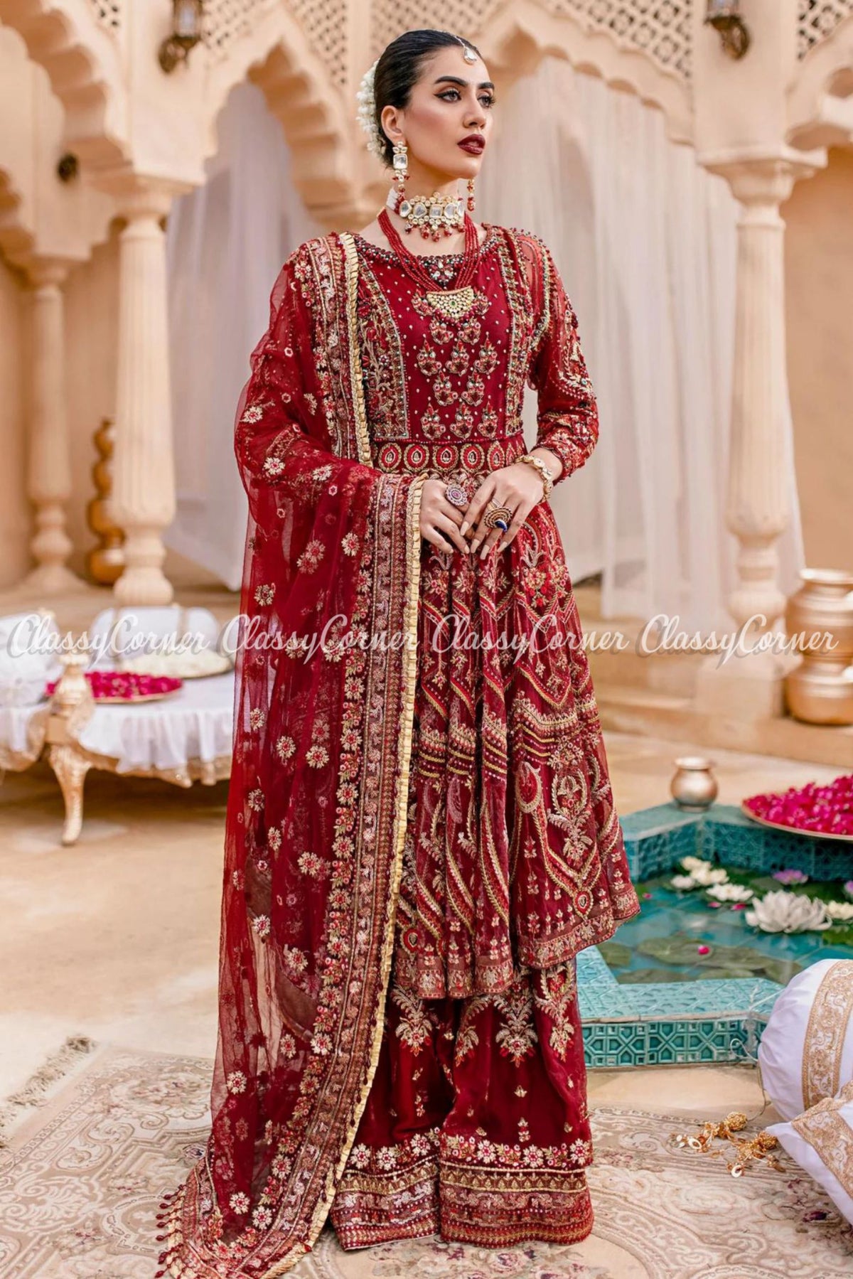 Maroon Red Net Embroidered Wedding Wear Gharara Dress