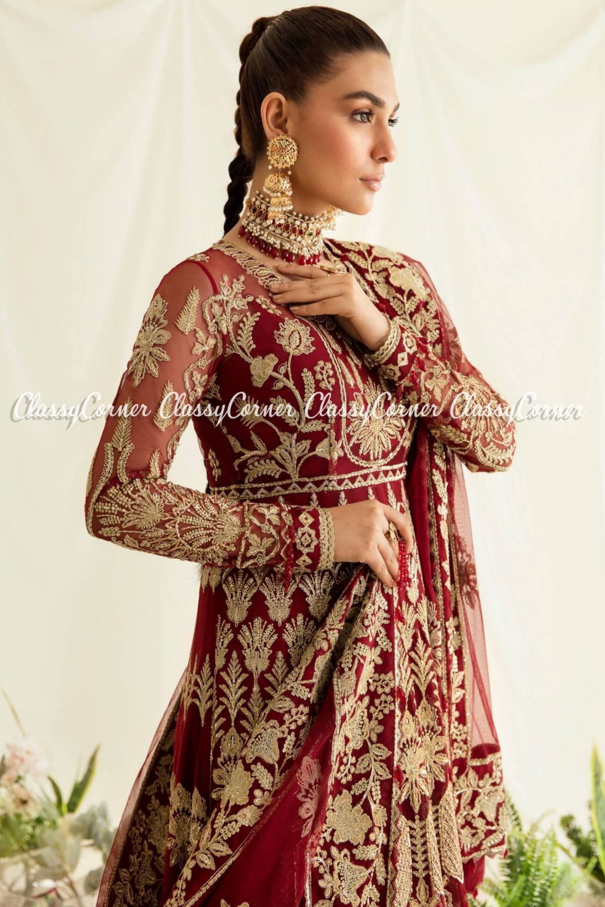 Red Golden Chiffon Embroidered Party Wear Gown