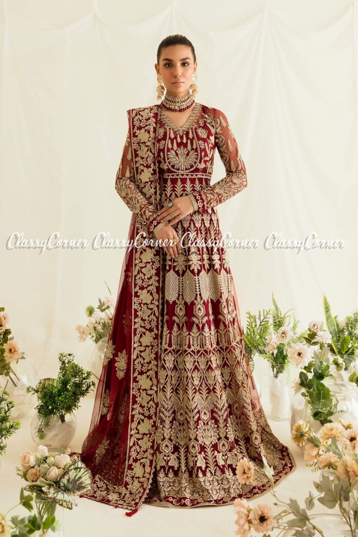 Red Golden Chiffon Embroidered Party Wear Gown