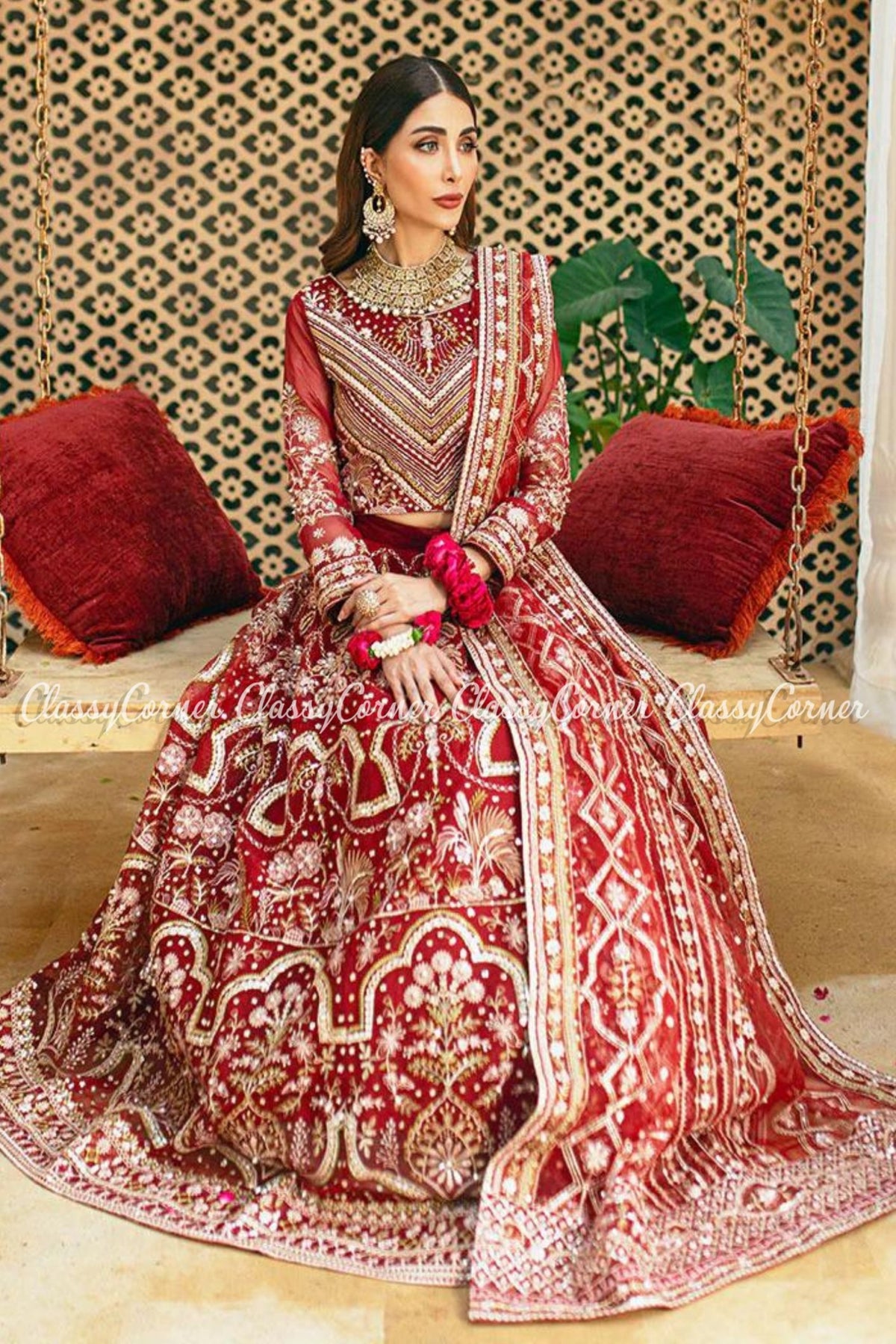 Red Golden Organza Embellished Wedding Wear Lehenga Choli