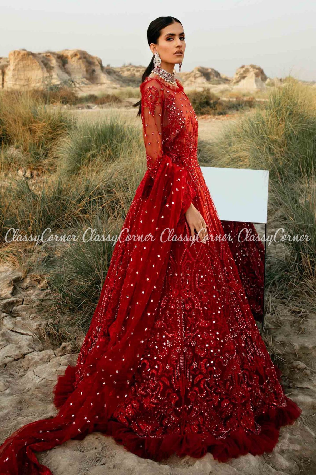 Bright Red Net Embellished Wedding Wear Gown