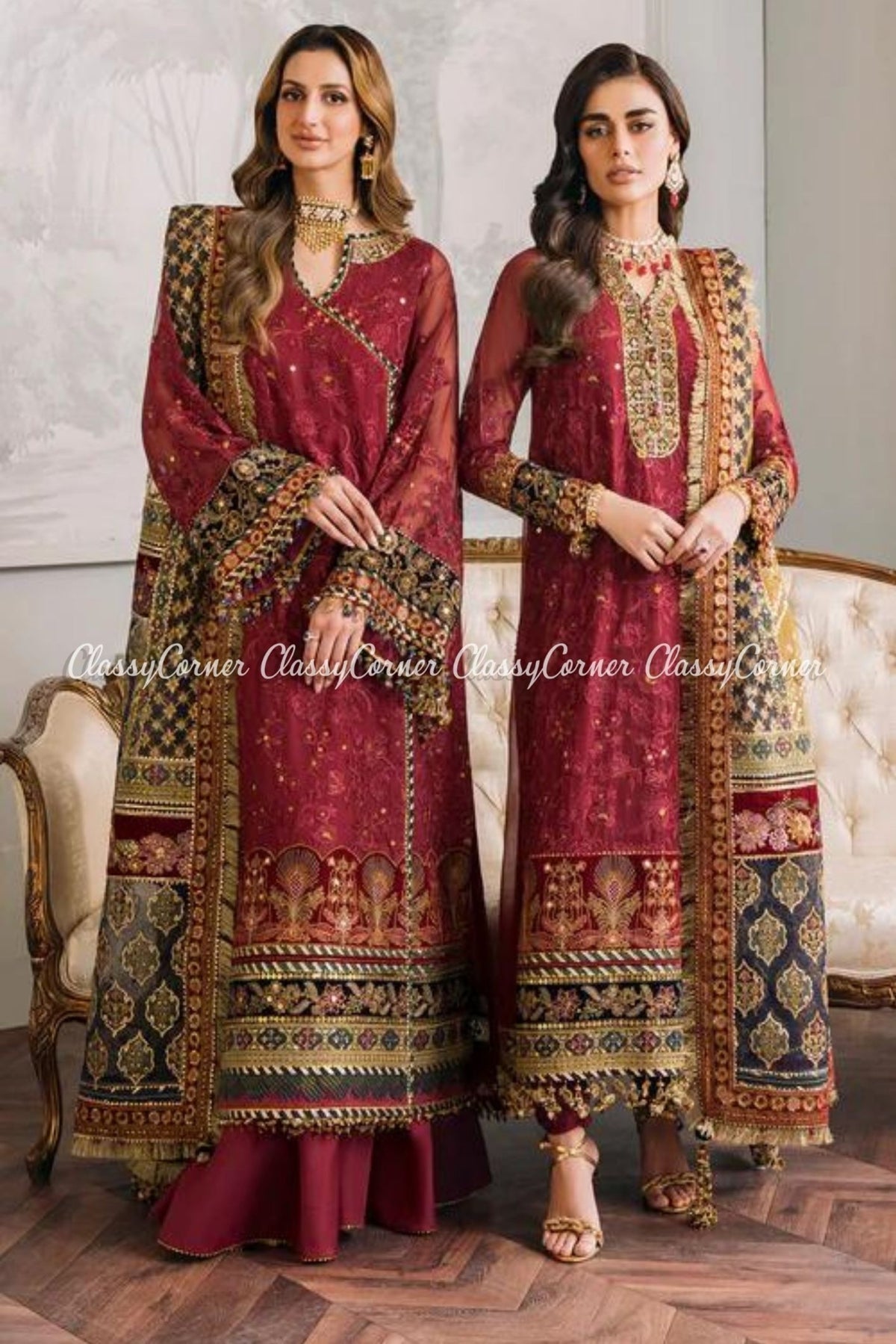 Red Multi Chiffon Embroidered Party Wear Outfits