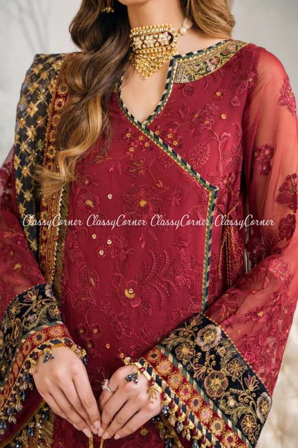 Red Multi Chiffon Embroidered Party Wear Outfits