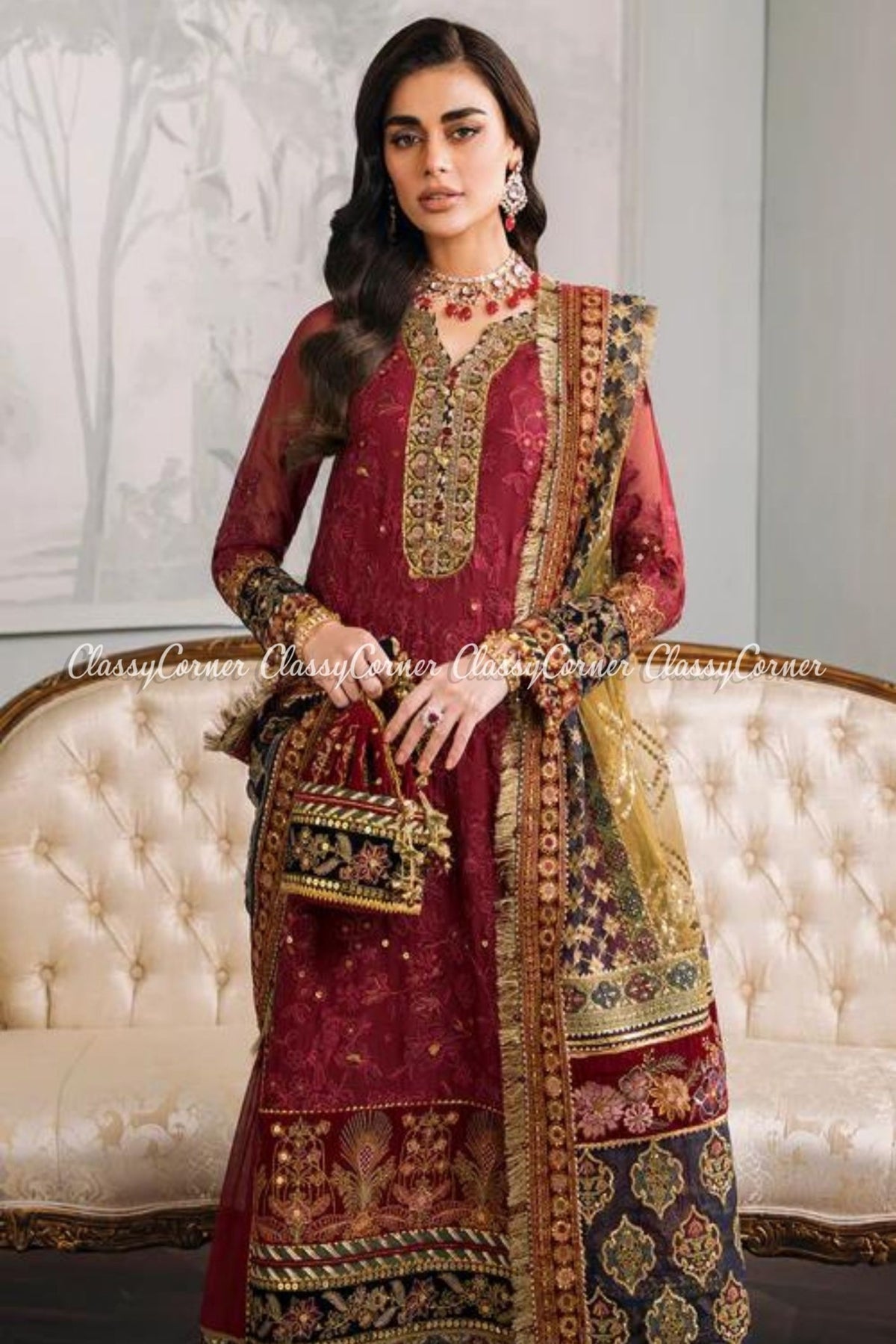 Red Multi Chiffon Embroidered Party Wear Outfits