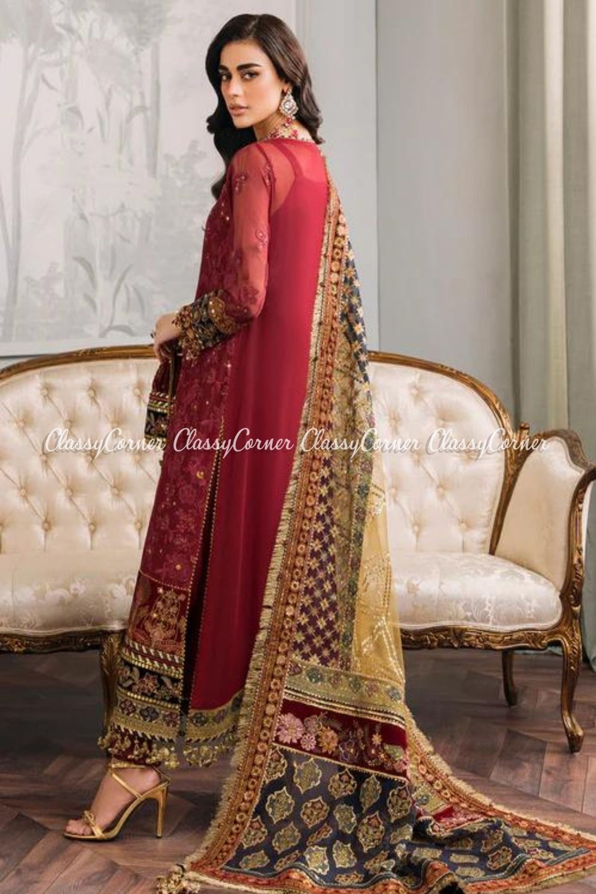 Red Multi Chiffon Embroidered Party Wear Outfits