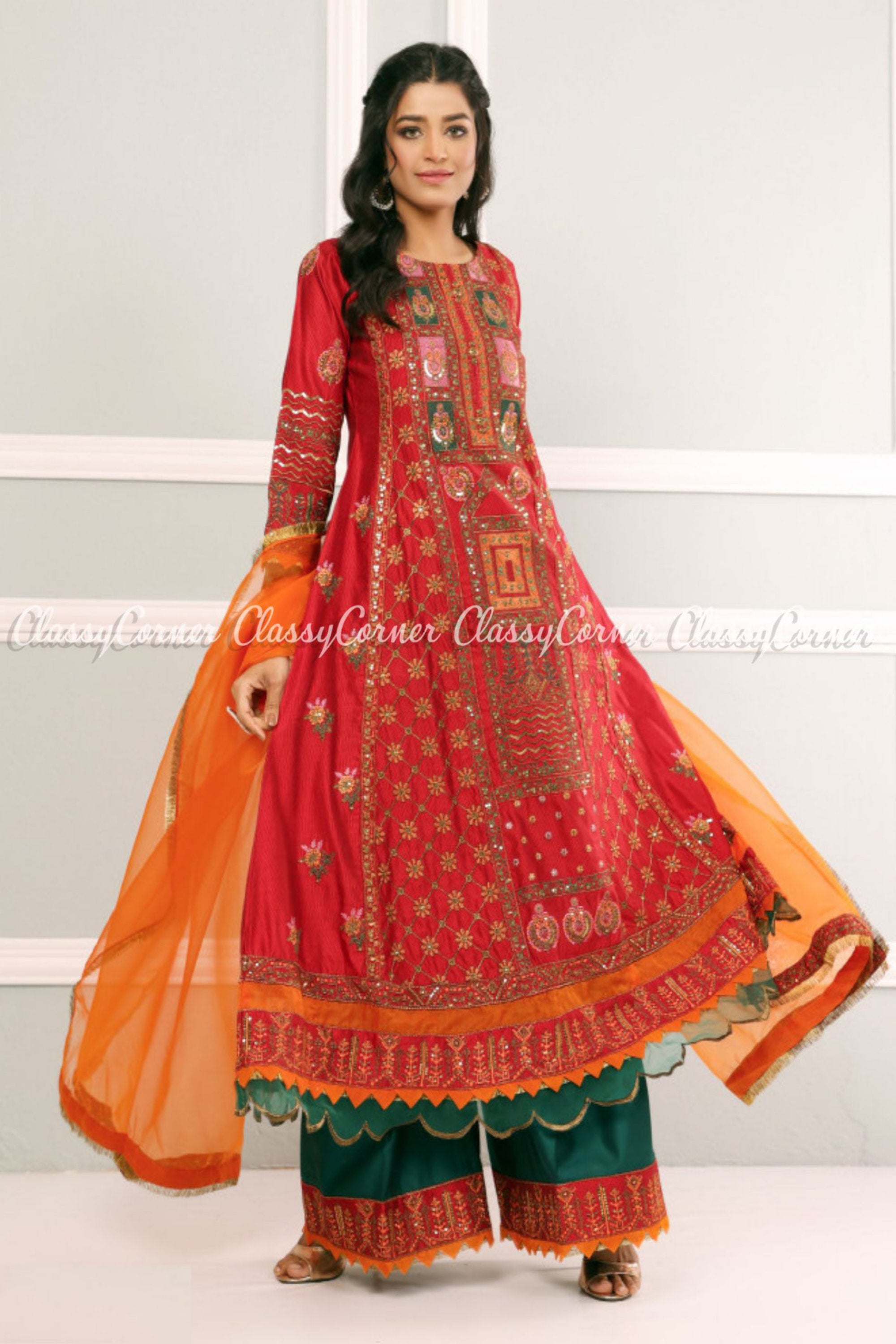 Pakistani Red Dress in Traditional Pishwas Frock Style | Red wedding dresses,  Red dress, Frock style