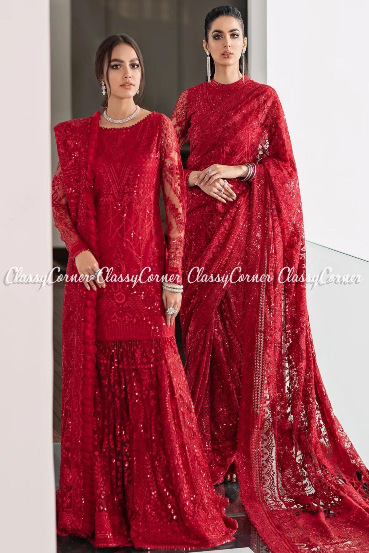 Red Net Embroidered Party Wear Sharara Saree Outfits