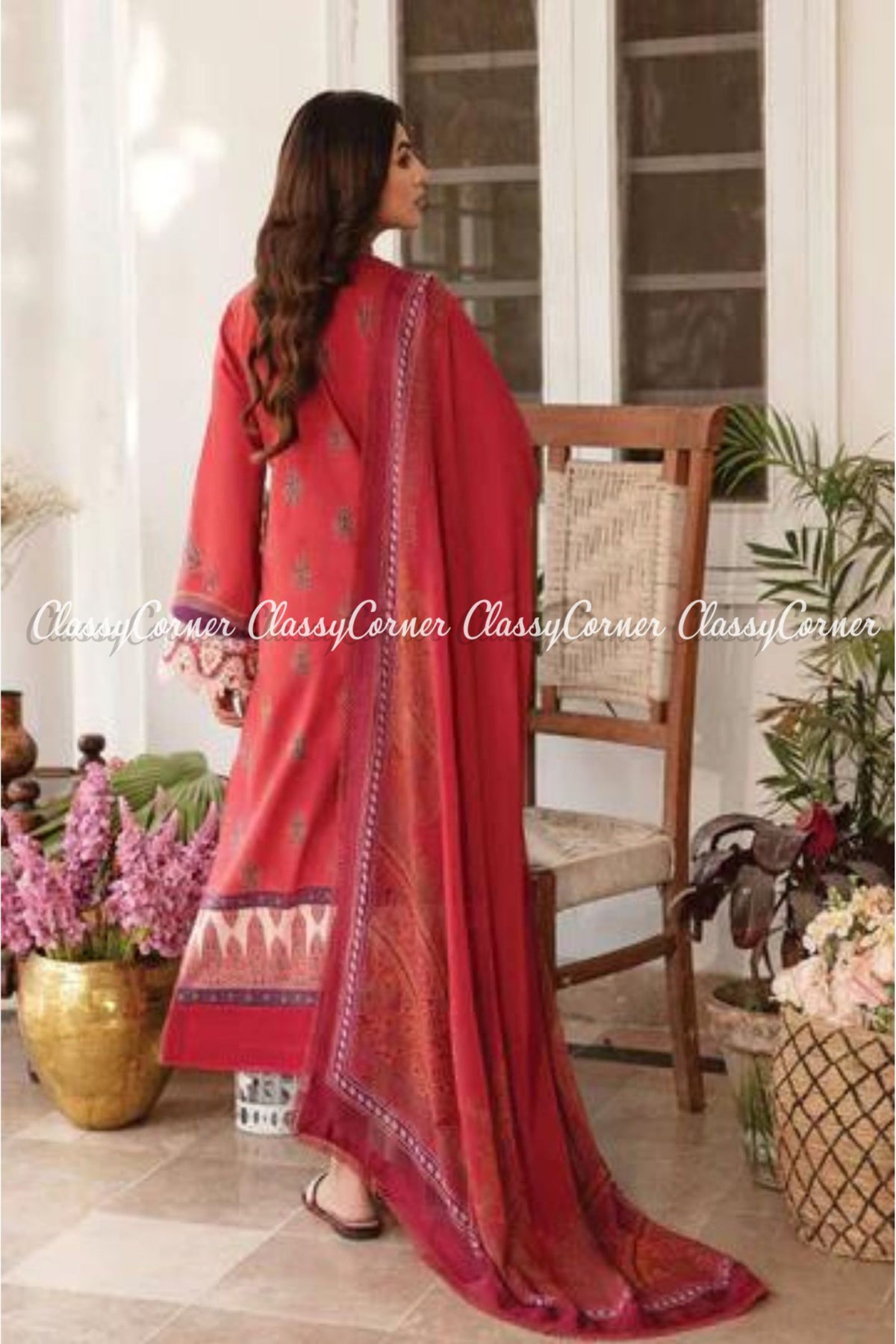 Red White Printed Lawn Embroidered Salwar kameez