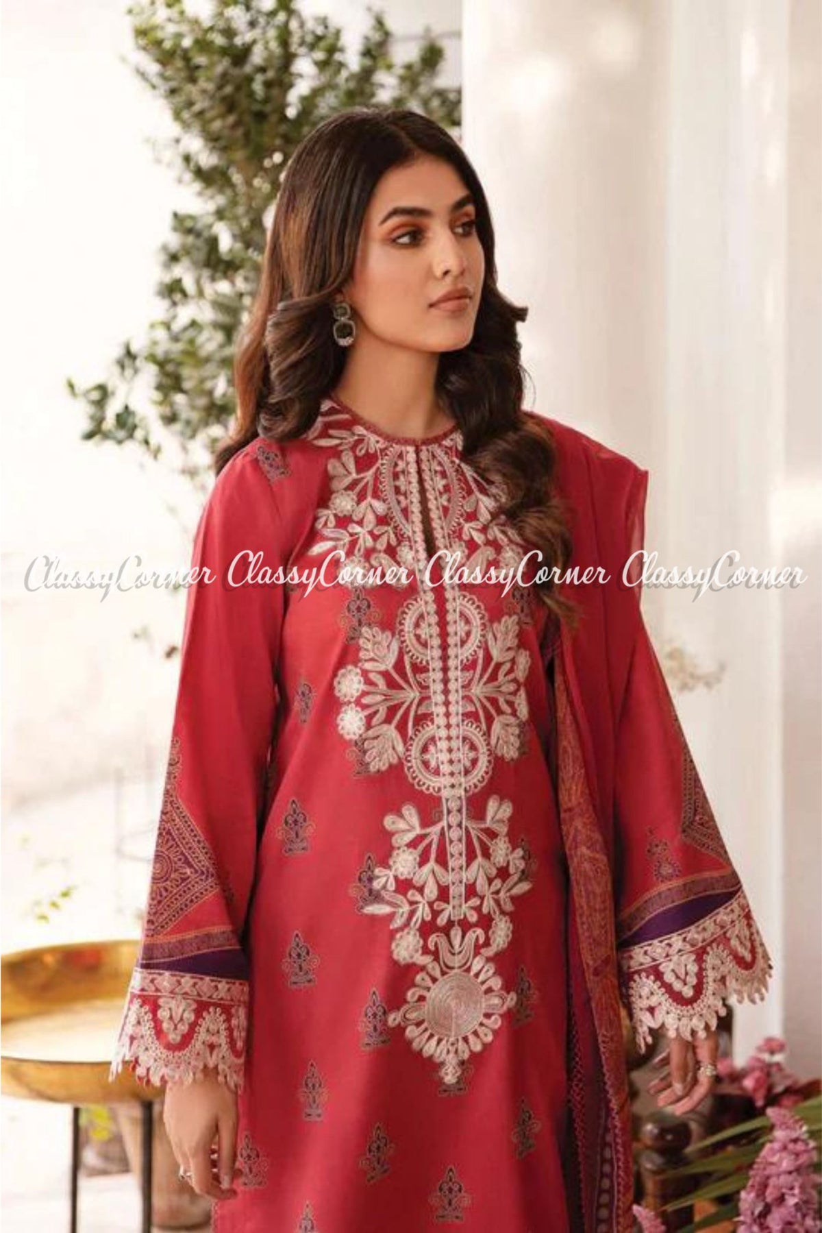 Red White Printed Lawn Embroidered Salwar kameez