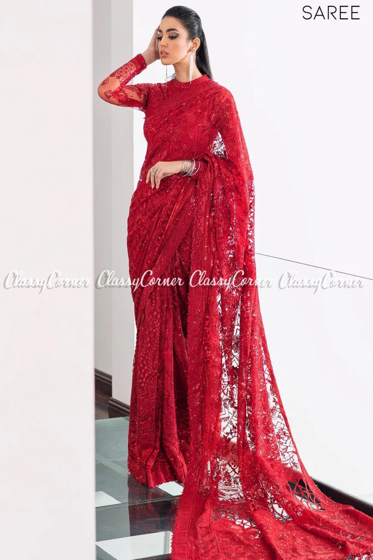 Red Net Embroidered Party Wear Sharara Saree Outfits