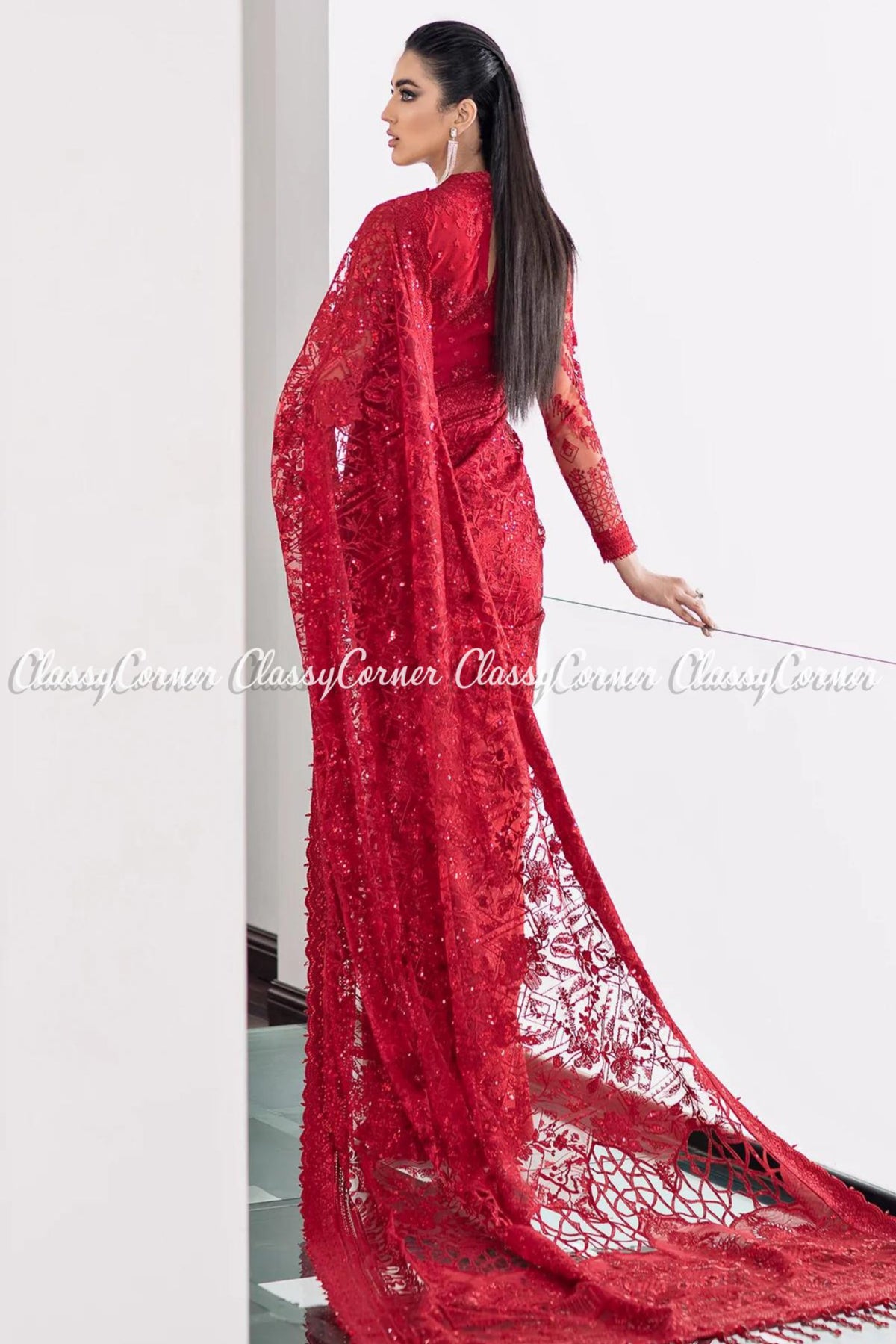 Red Net Embroidered Party Wear Sharara Saree Outfits