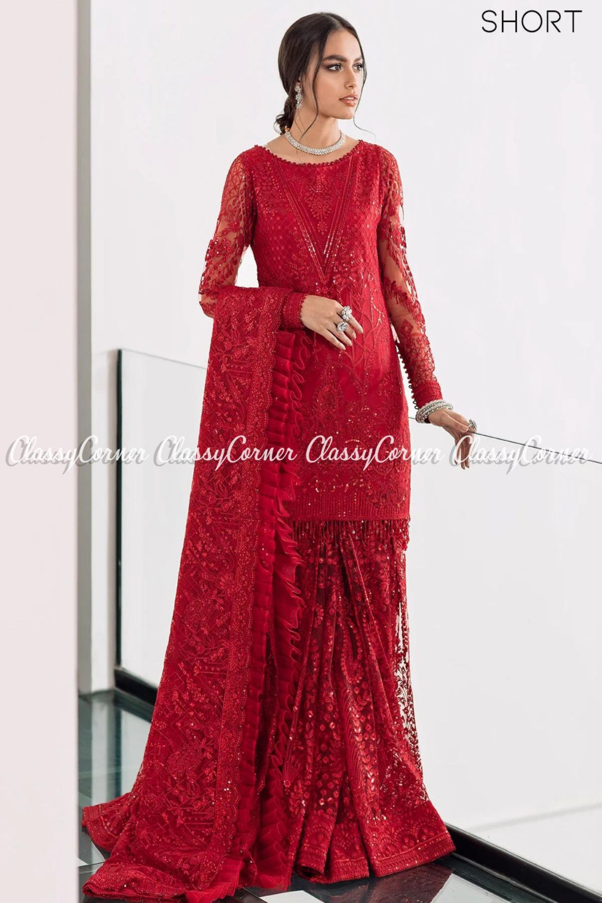 Red Net Embroidered Party Wear Sharara Saree Outfits