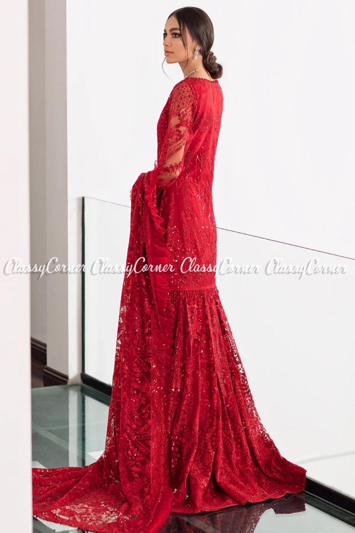 Red Net Embroidered Party Wear Sharara Saree Outfits