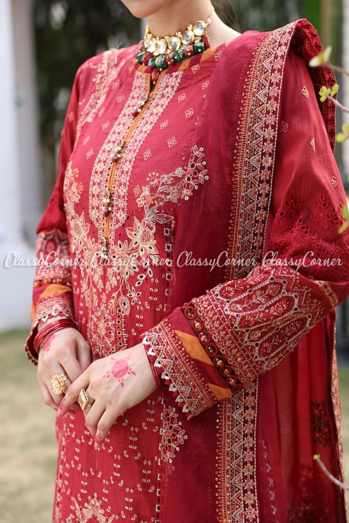 Red Embroidered Lawn Formal Wear Salwar Kameez