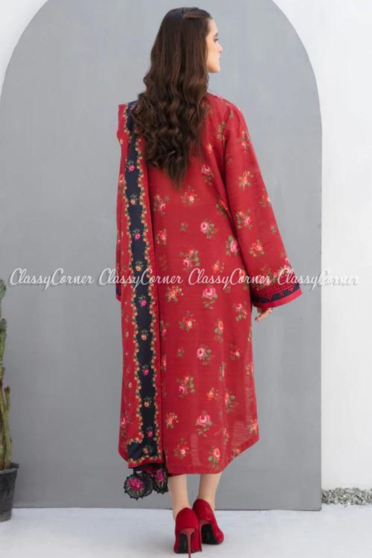 Pakistani Red Multi Khaddar Embroidered Salwar Kameez