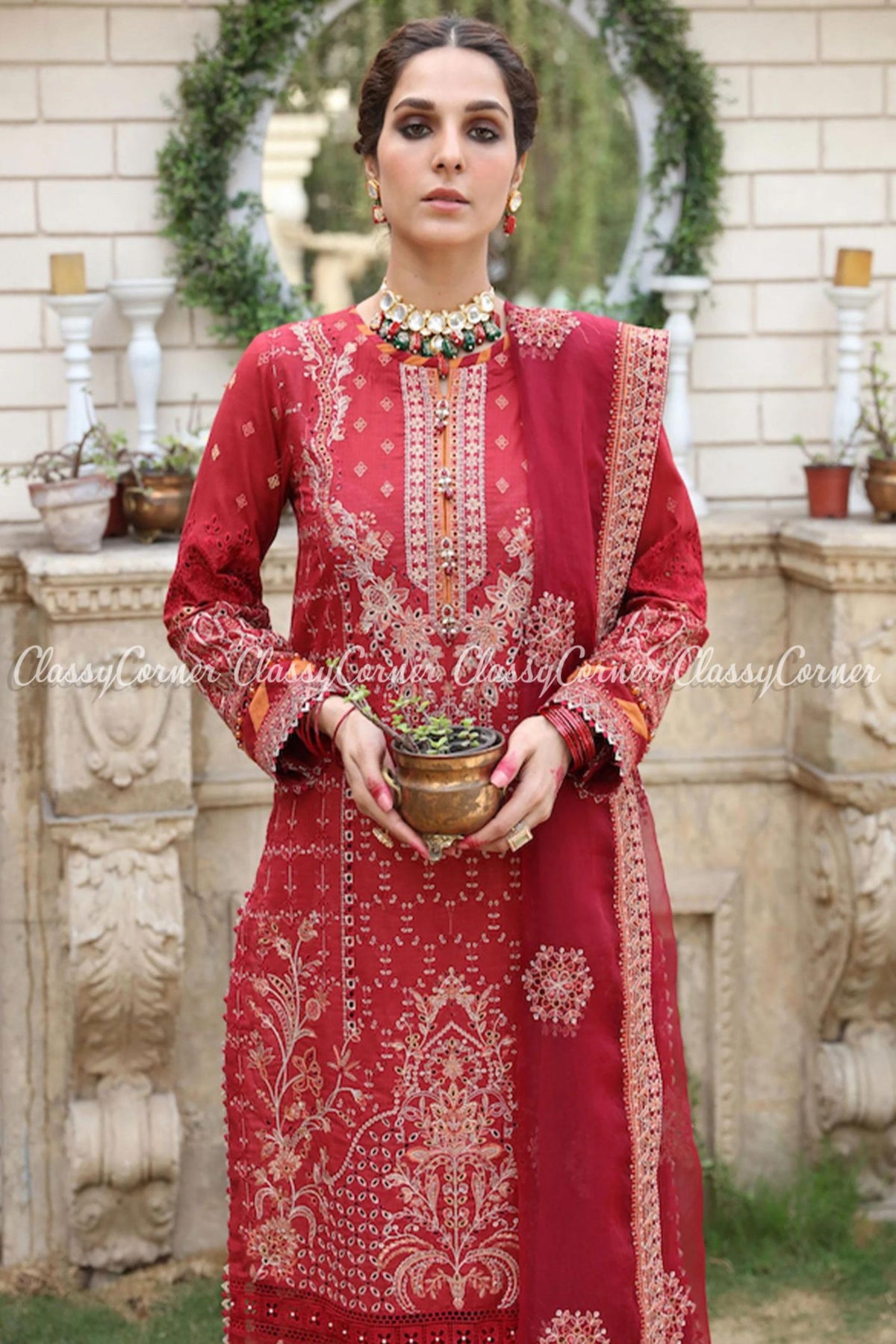 Red Embroidered Lawn Formal Wear Salwar Kameez