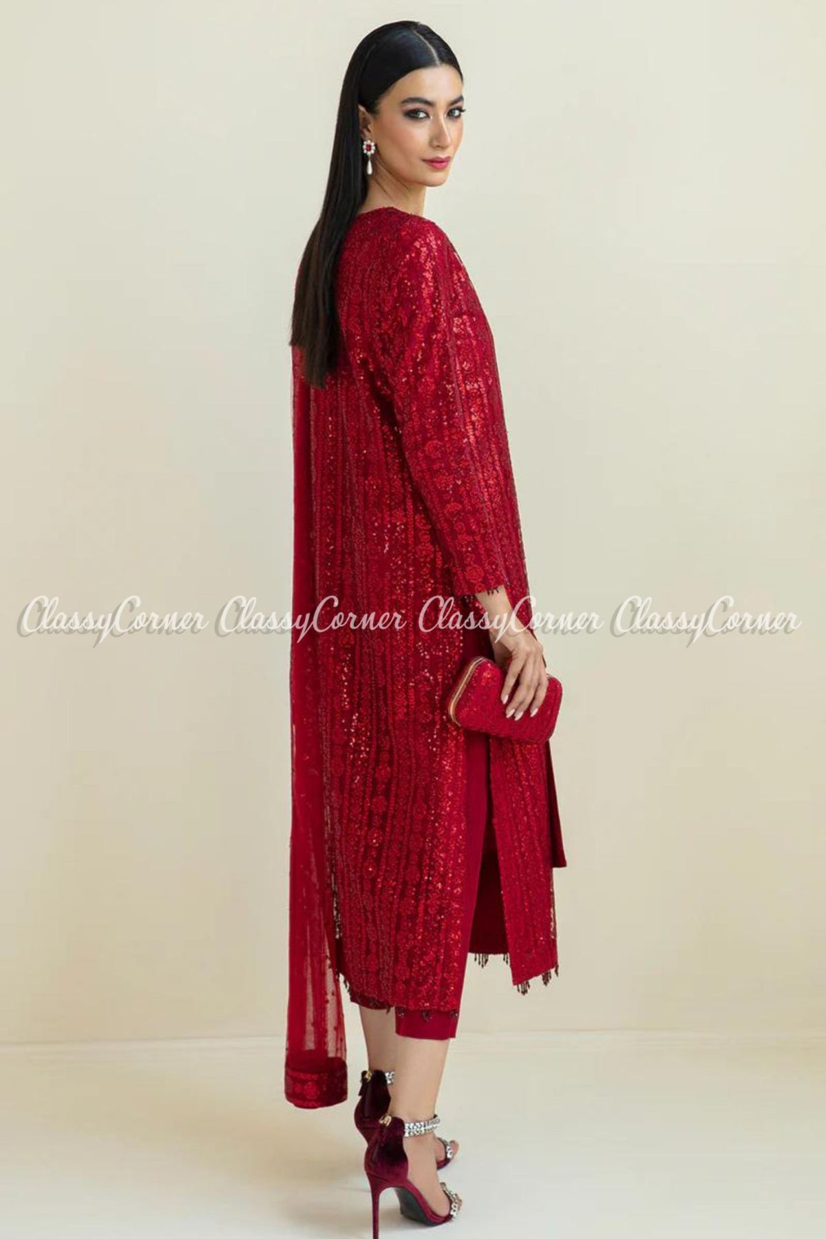 Red Net Embroidered Fancy Wear Salwar Kameez