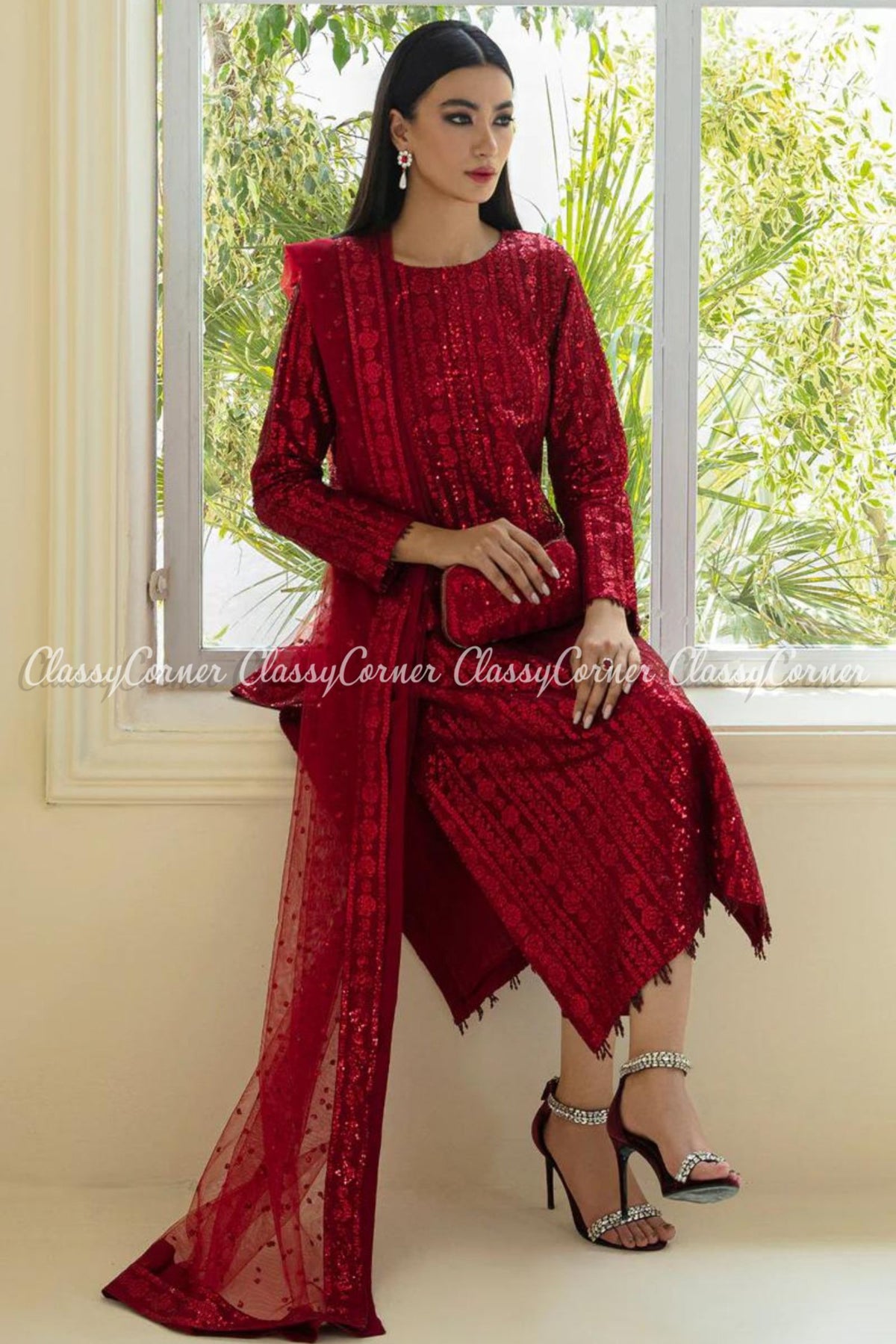 Red Net Embroidered Fancy Wear Salwar Kameez