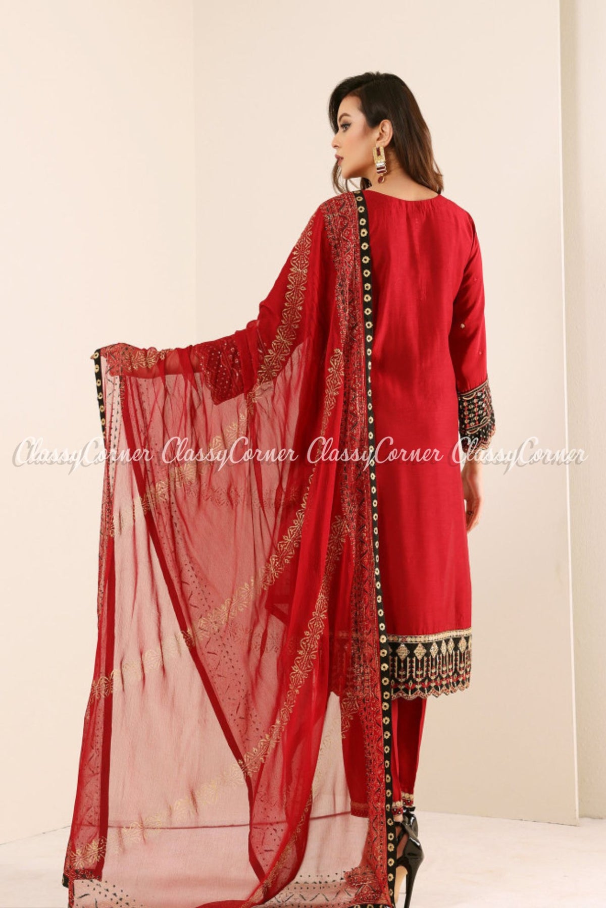 Red Black Viscose Embroidered Formal Wear Suit