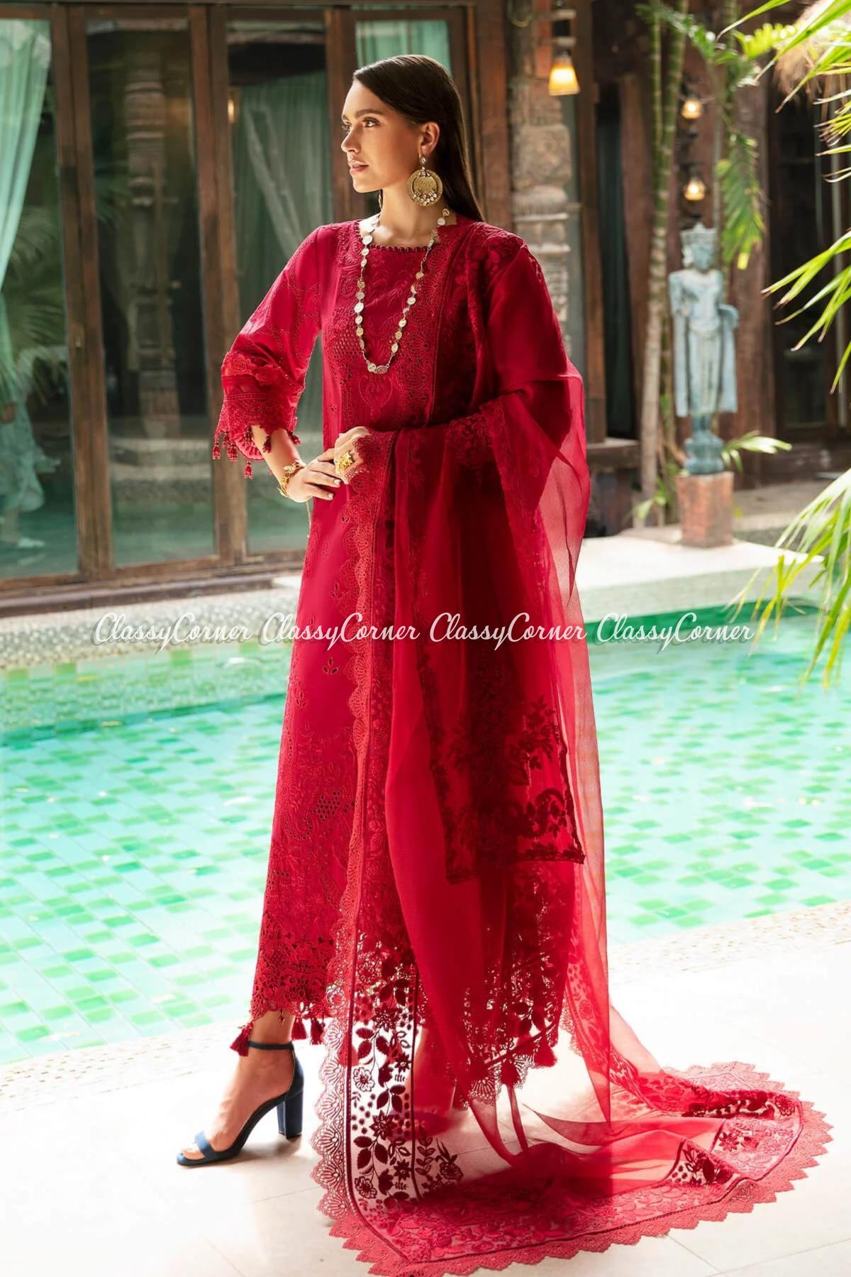 Red Lawn Embroidered Salwar Kameez