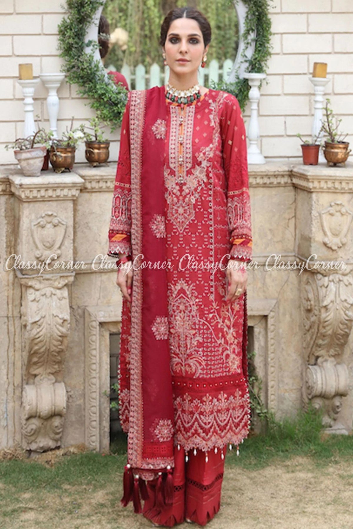 Red Embroidered Lawn Formal Wear Salwar Kameez