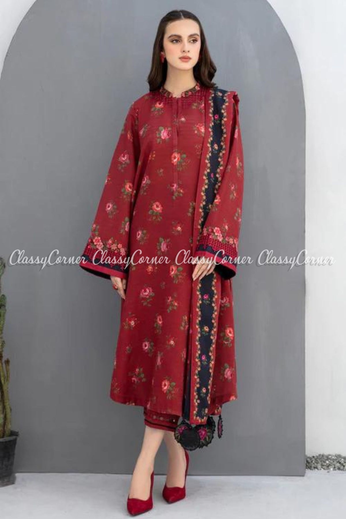 Pakistani Red Multi Khaddar Embroidered Salwar Kameez