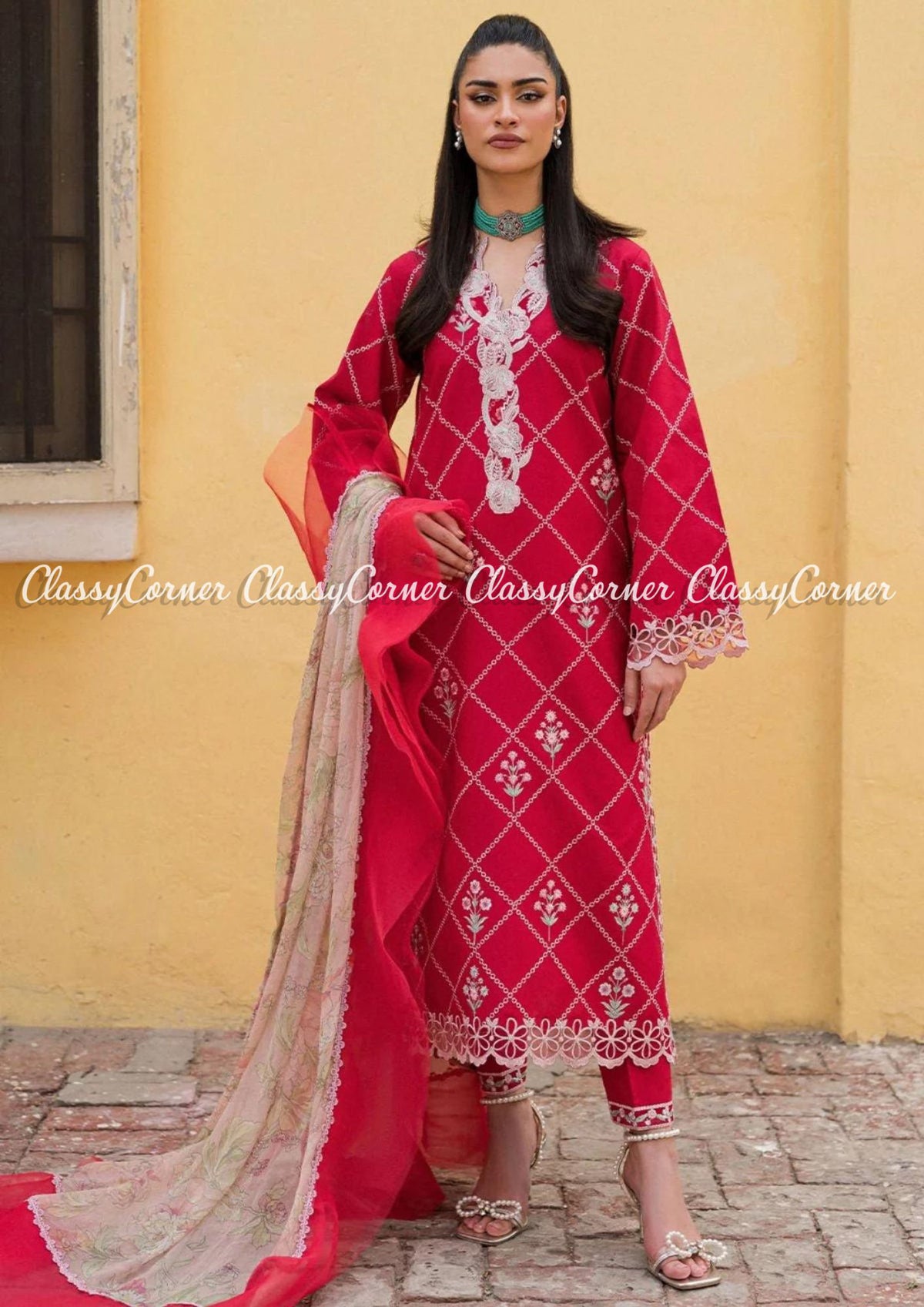 Red White Lawn Embroidered Pakistani Salwar Kameez