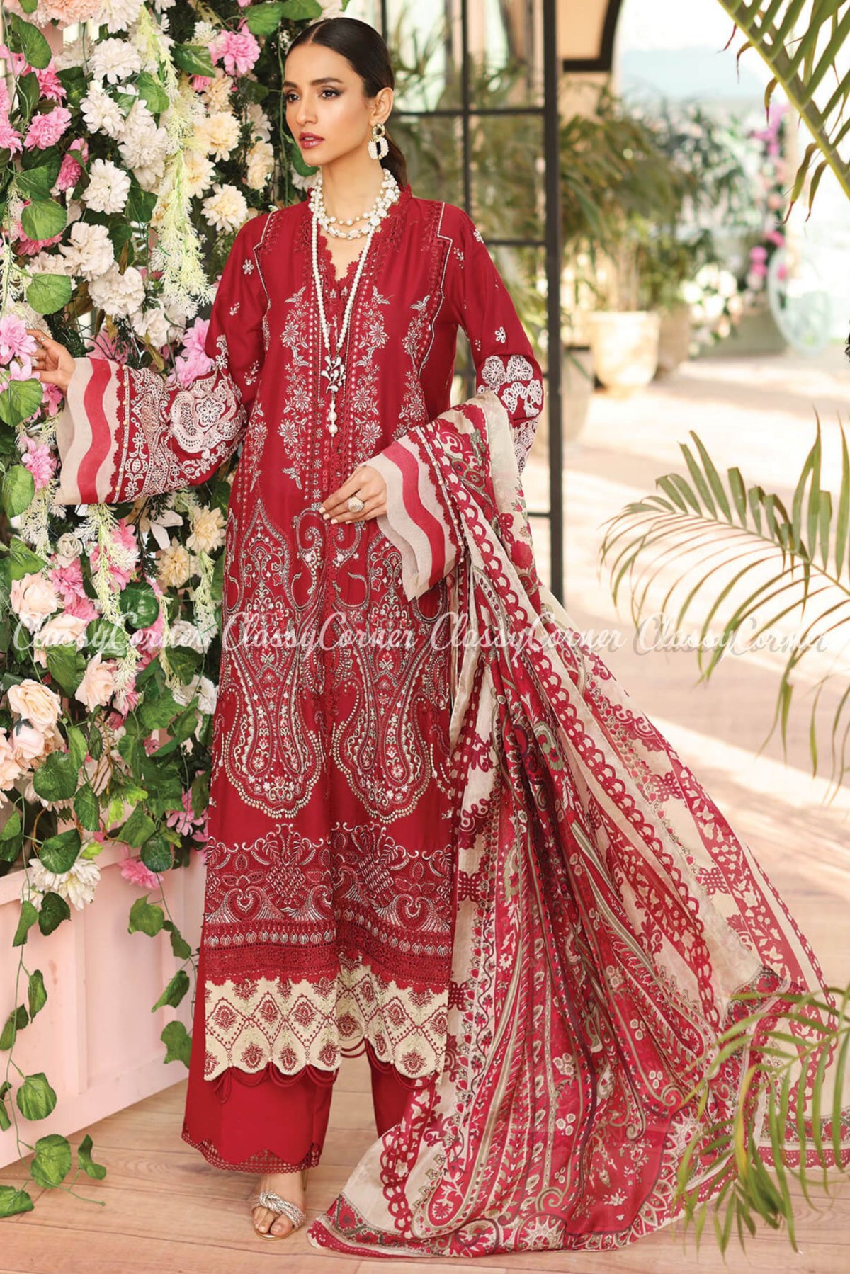 Red White Lawn Embroidered Formal Wear Salwar Kameez