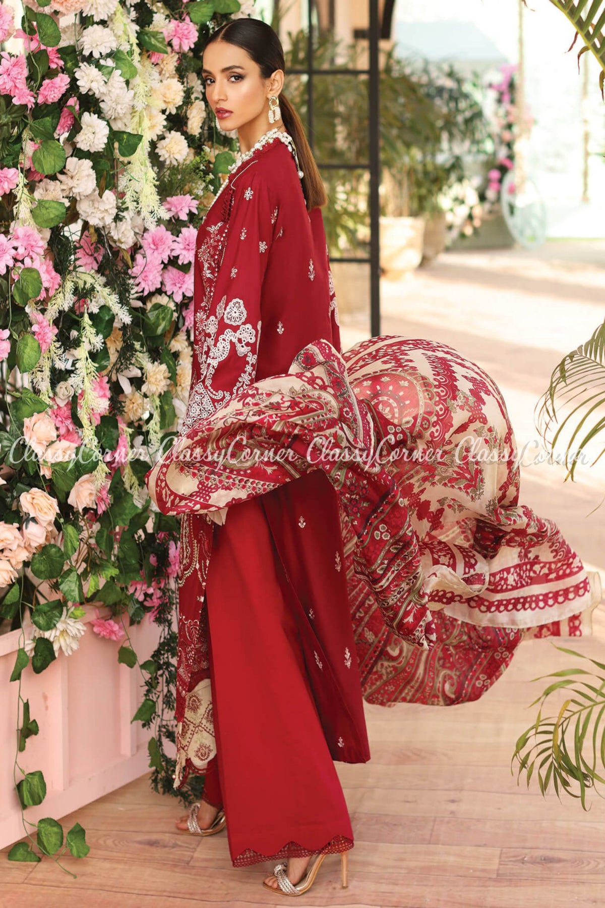 Red White Lawn Embroidered Formal Wear Salwar Kameez