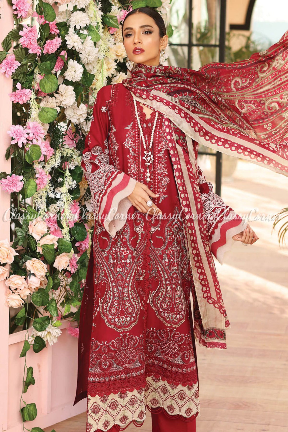 Red White Lawn Embroidered Formal Wear Salwar Kameez