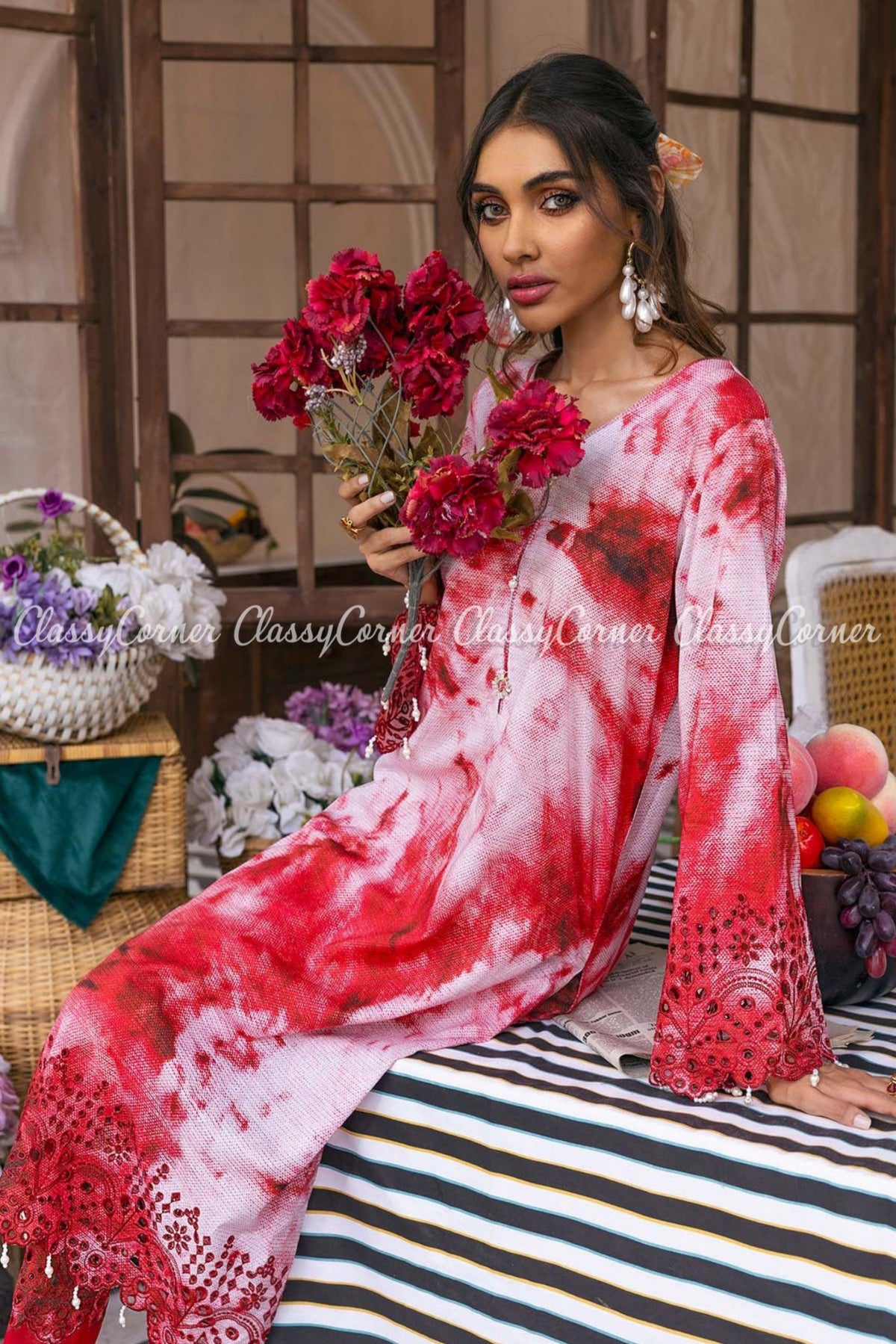 White Red Printed Lawn Tie Dye Formal Wear Salwar Kameez