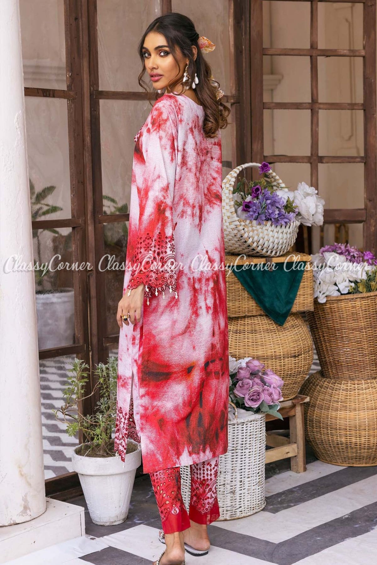 White Red Printed Lawn Tie Dye Formal Wear Salwar Kameez