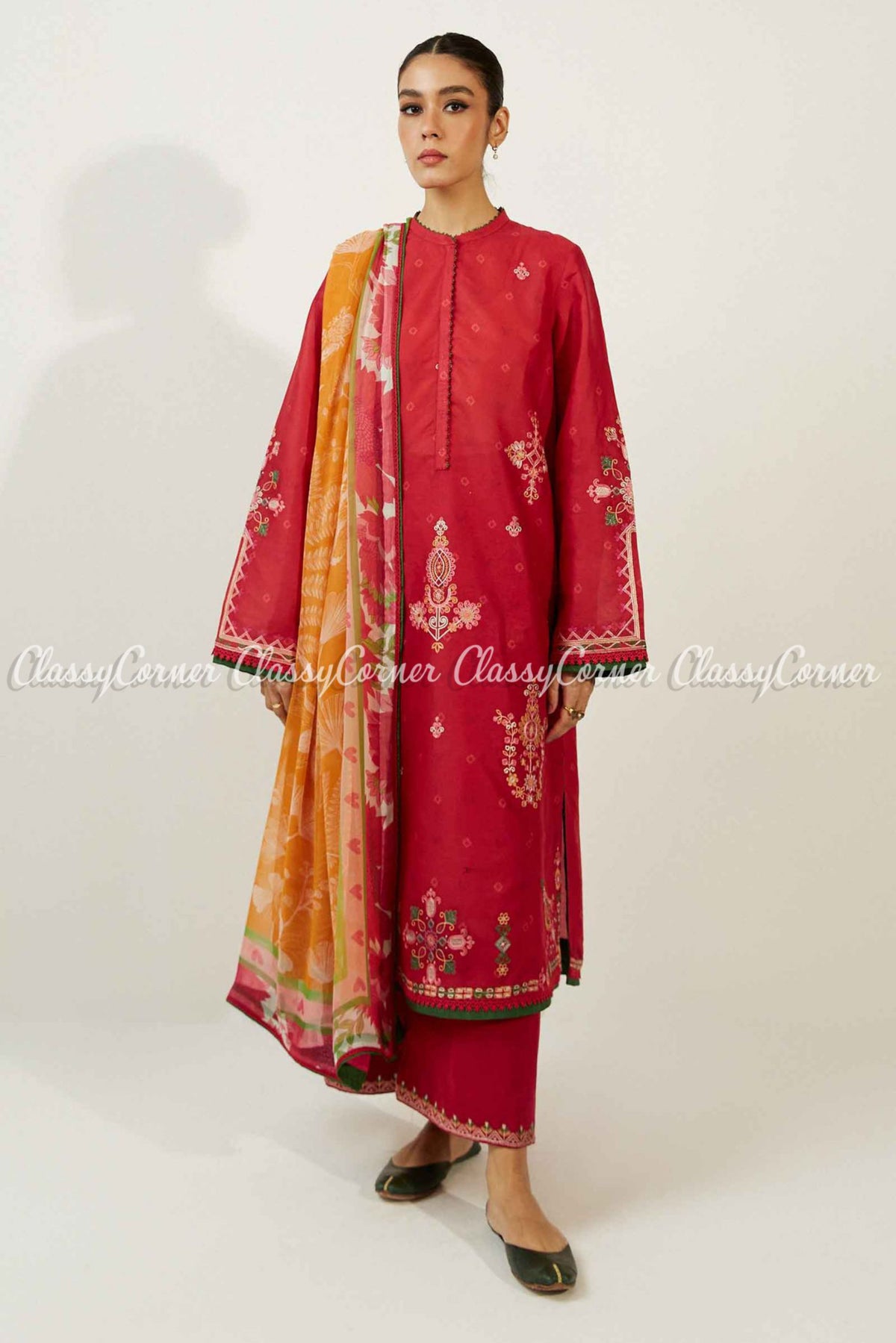 Red Orange Embroidered Lawn Formal Wear Salwar Kameez