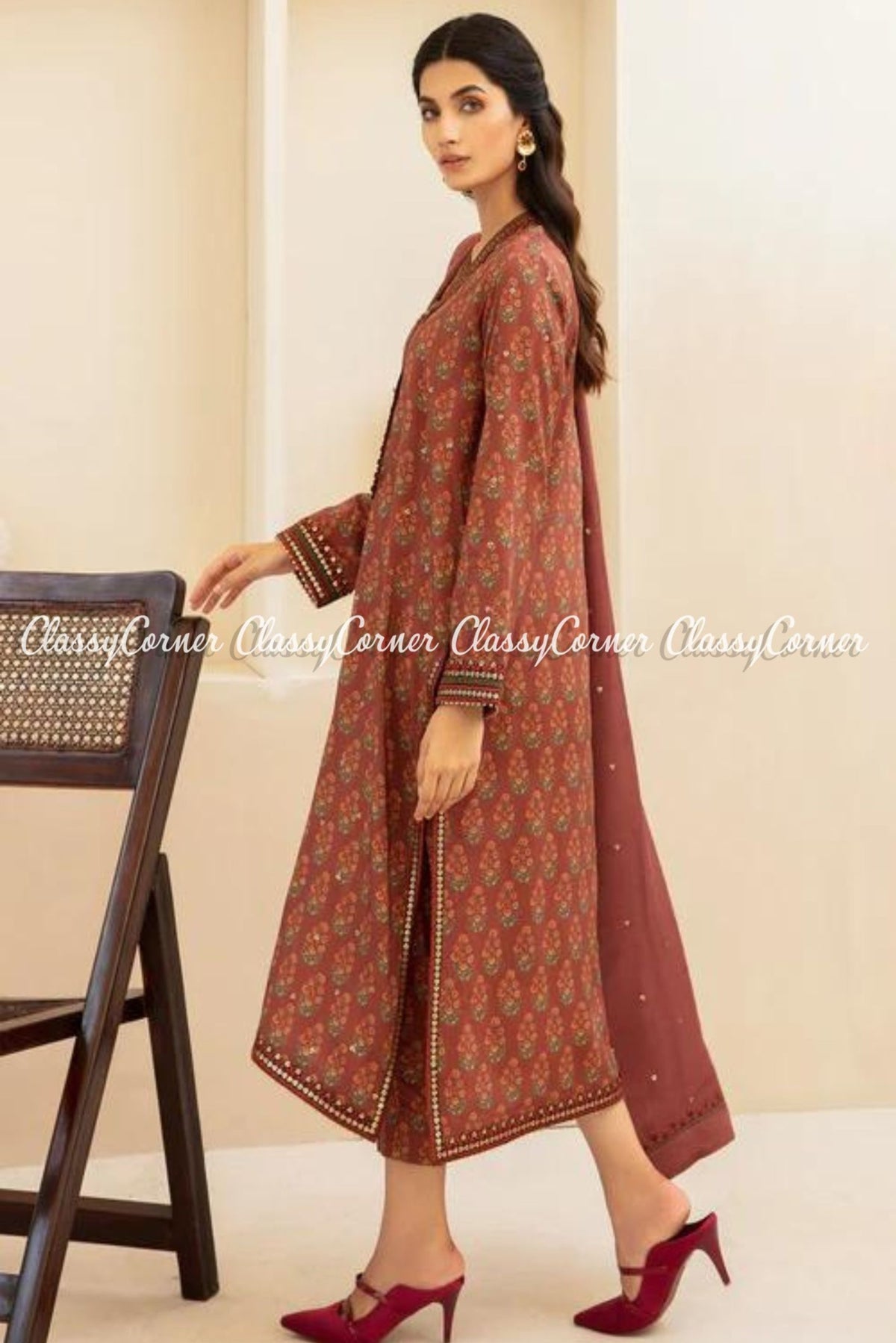 Rust Brown Digital Printed Viscose Salwar Kameez