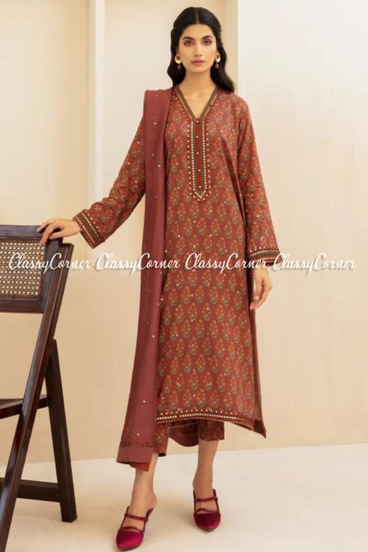 Rust Brown Digital Printed Viscose Salwar Kameez