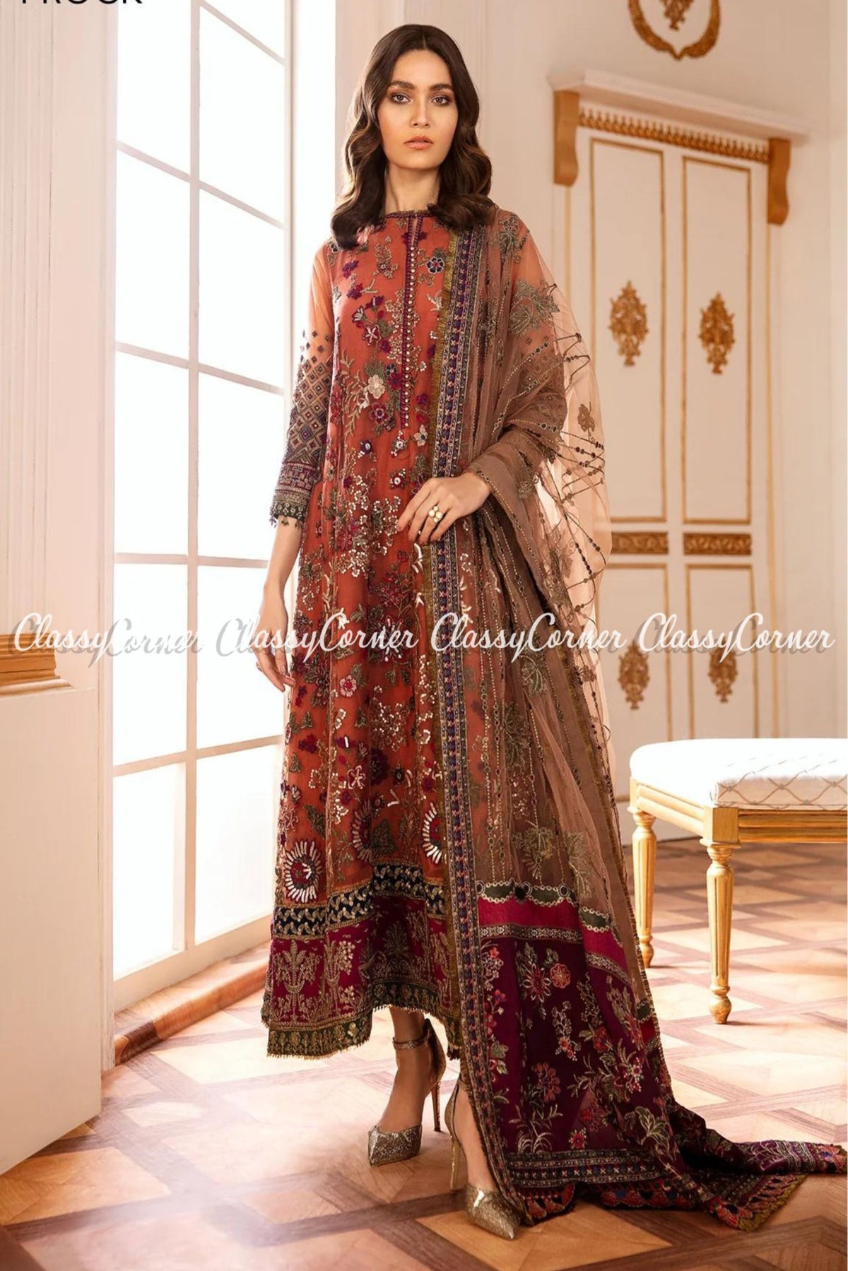 Rust Maroon Net Embroidered Pakistani Frock Salwar Kameez