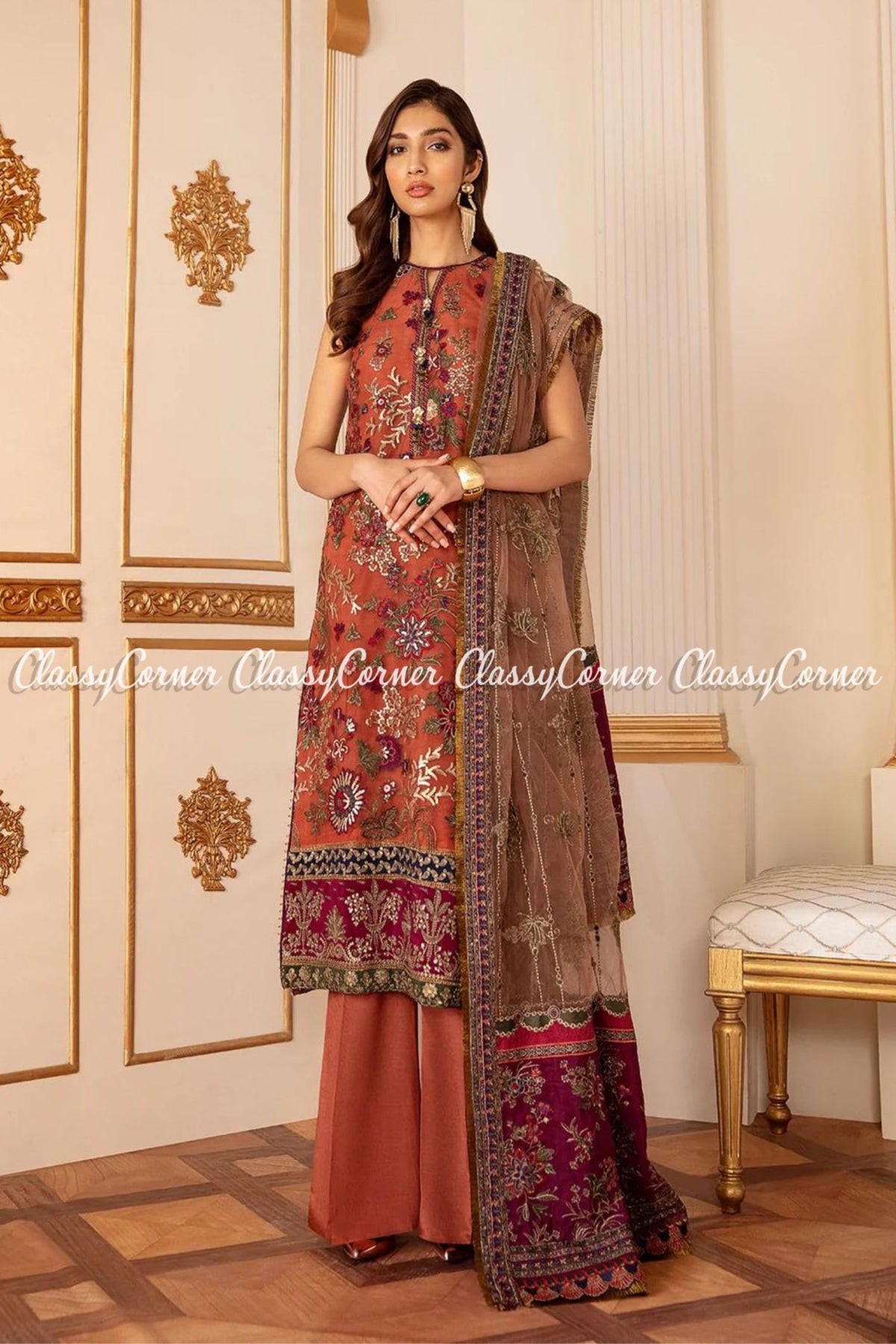 Rust Maroon Net Embroidered Pakistani Frock Salwar Kameez