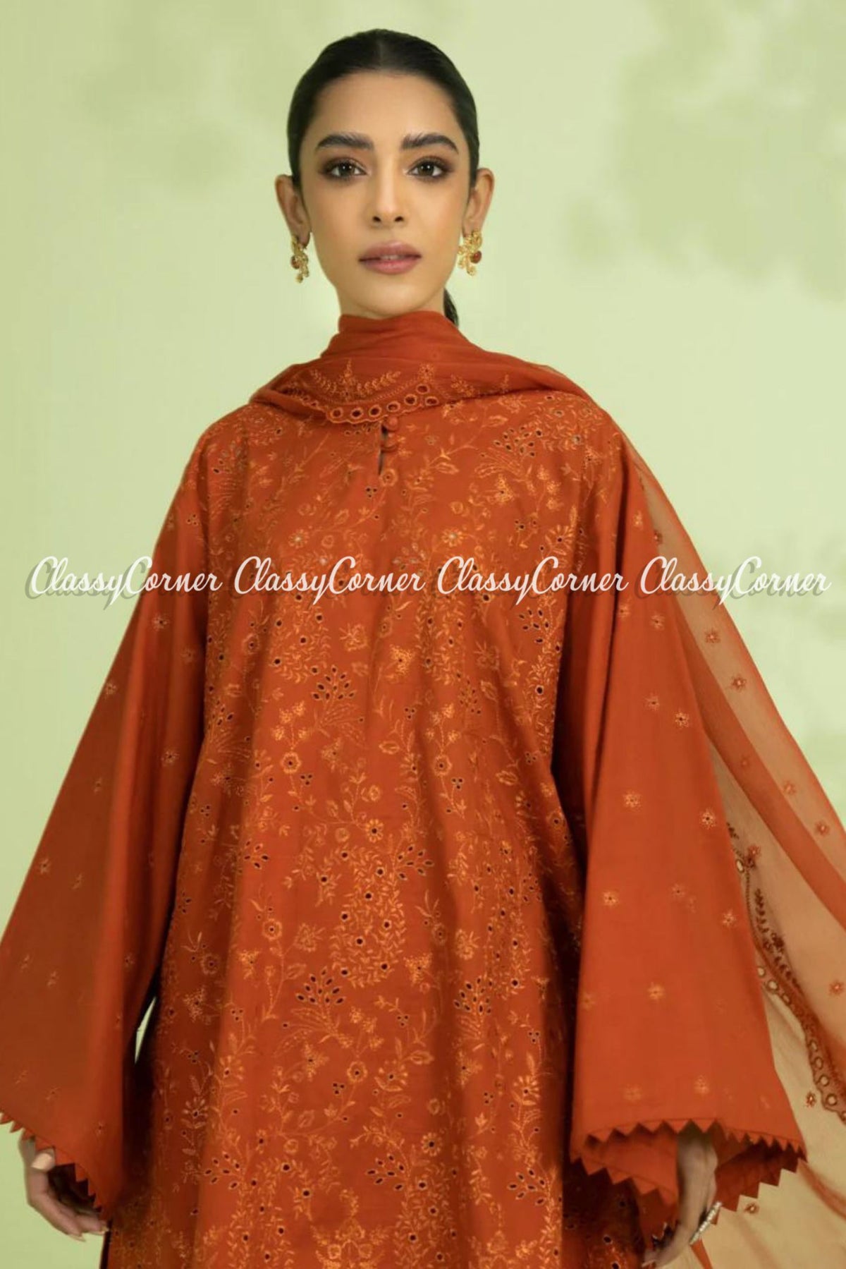 Rust Orange Embroidered Formal Wear 3 Piece Sharara Dress