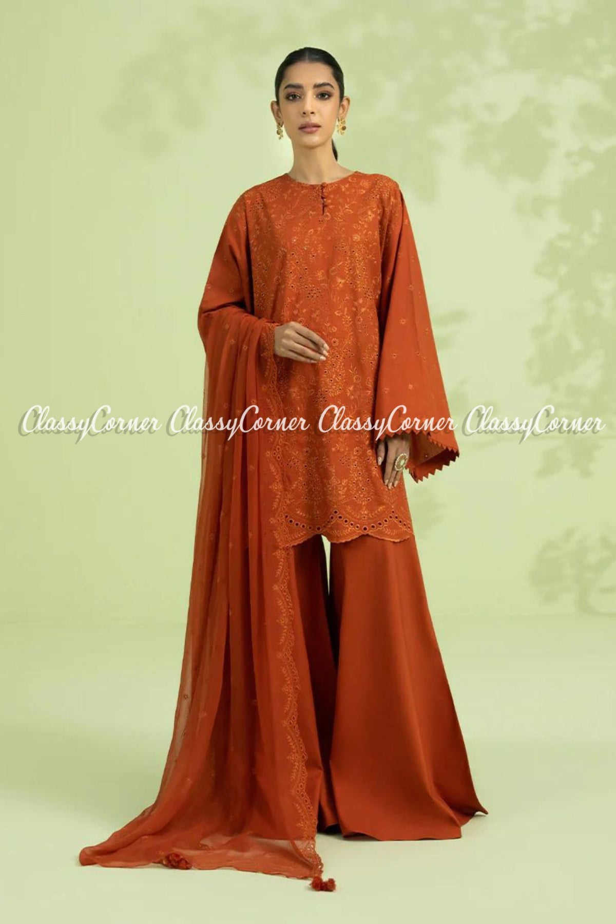 Rust Orange Embroidered Formal Wear 3 Piece Sharara Dress