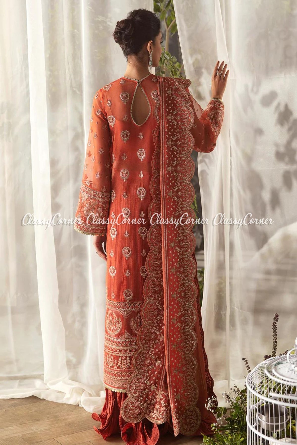 Rust Golden Organza Embroidered Sharara Outfit