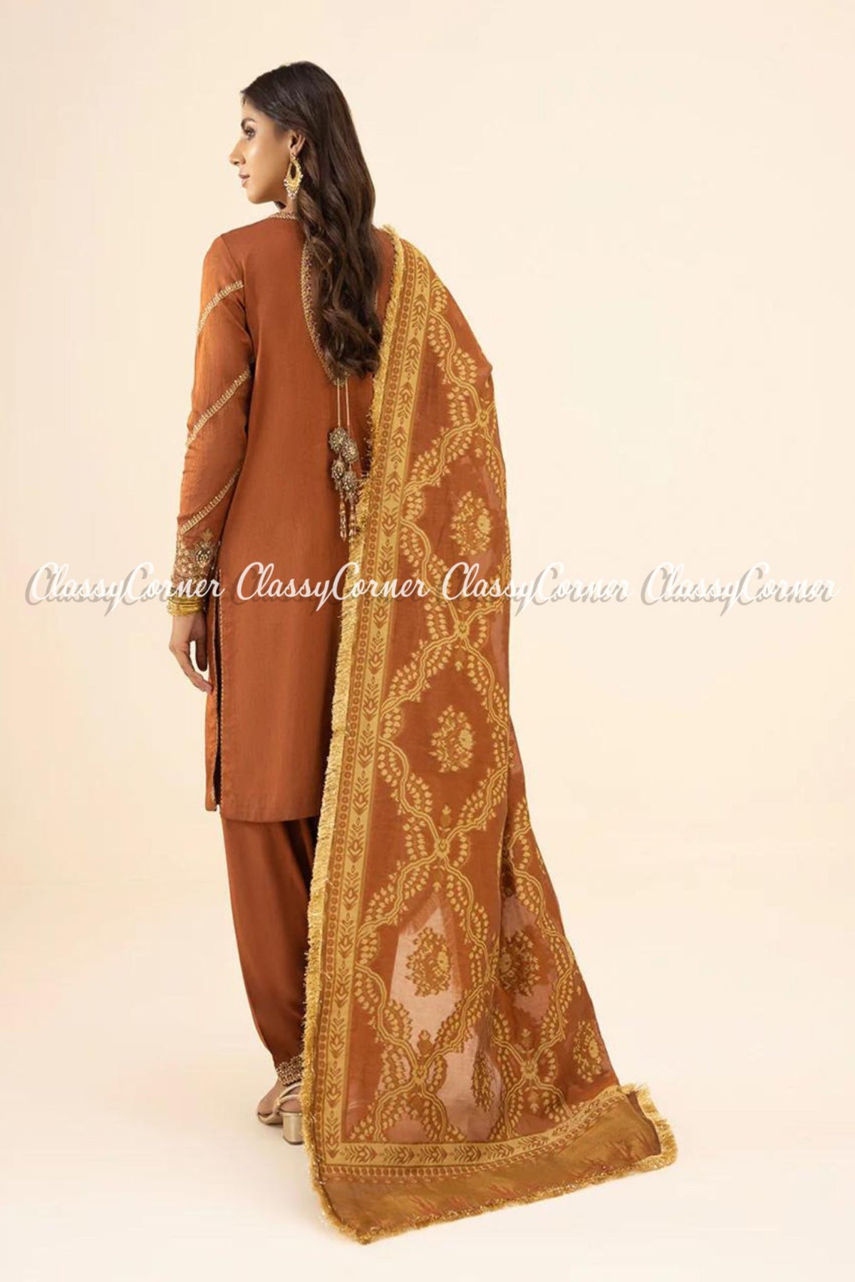 Rust Golden Pakistani Formal Wear Salwar Kameez Dress