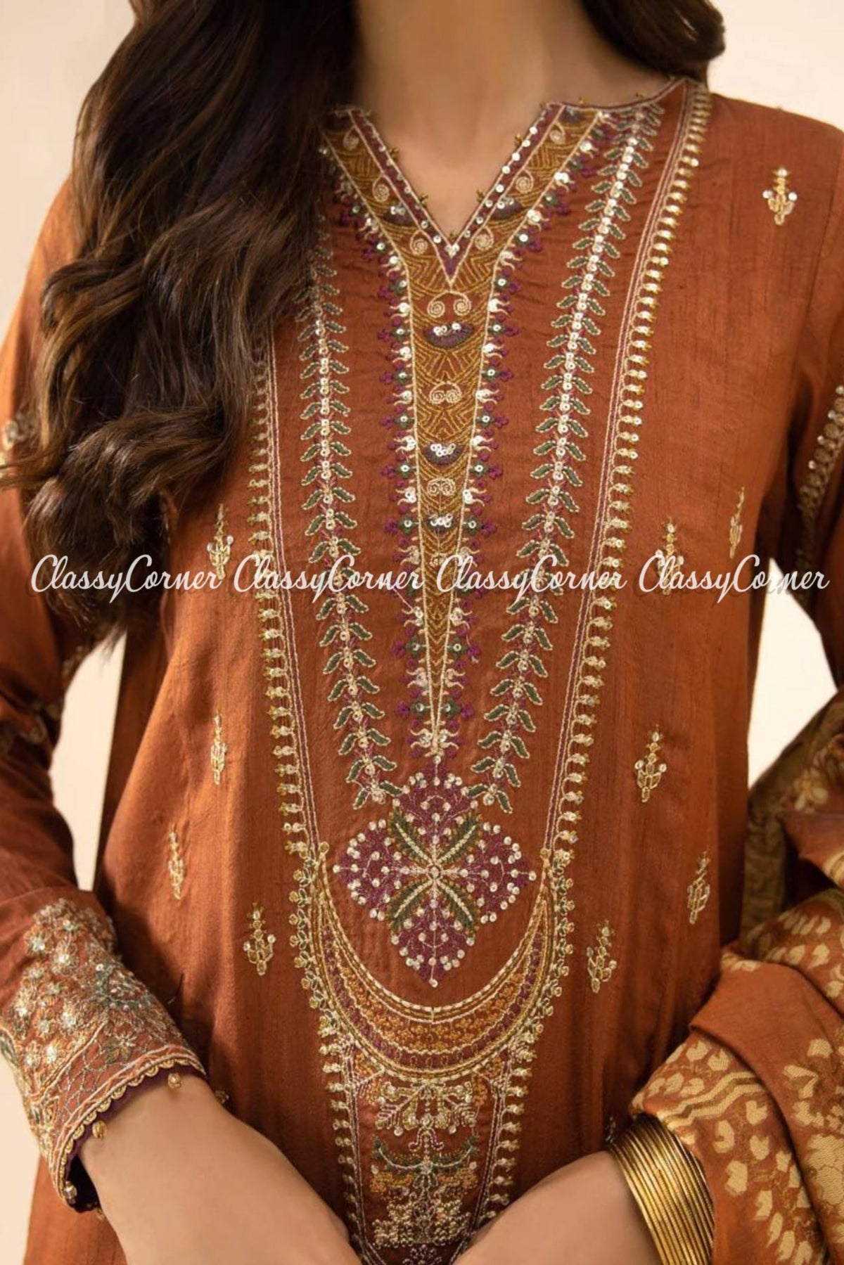 Rust Golden Pakistani Formal Wear Salwar Kameez Dress