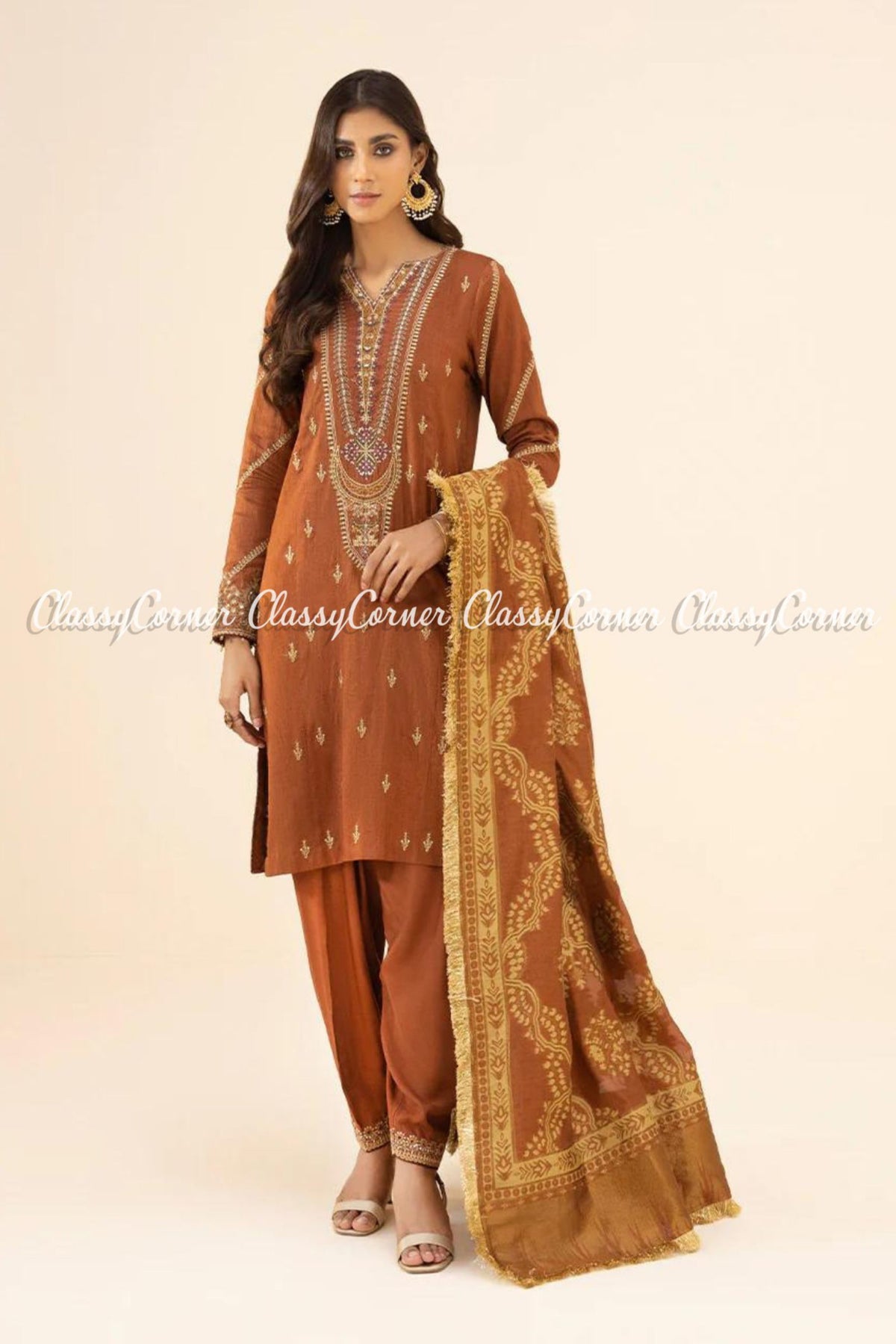 Rust Golden Pakistani Formal Wear Salwar Kameez Dress