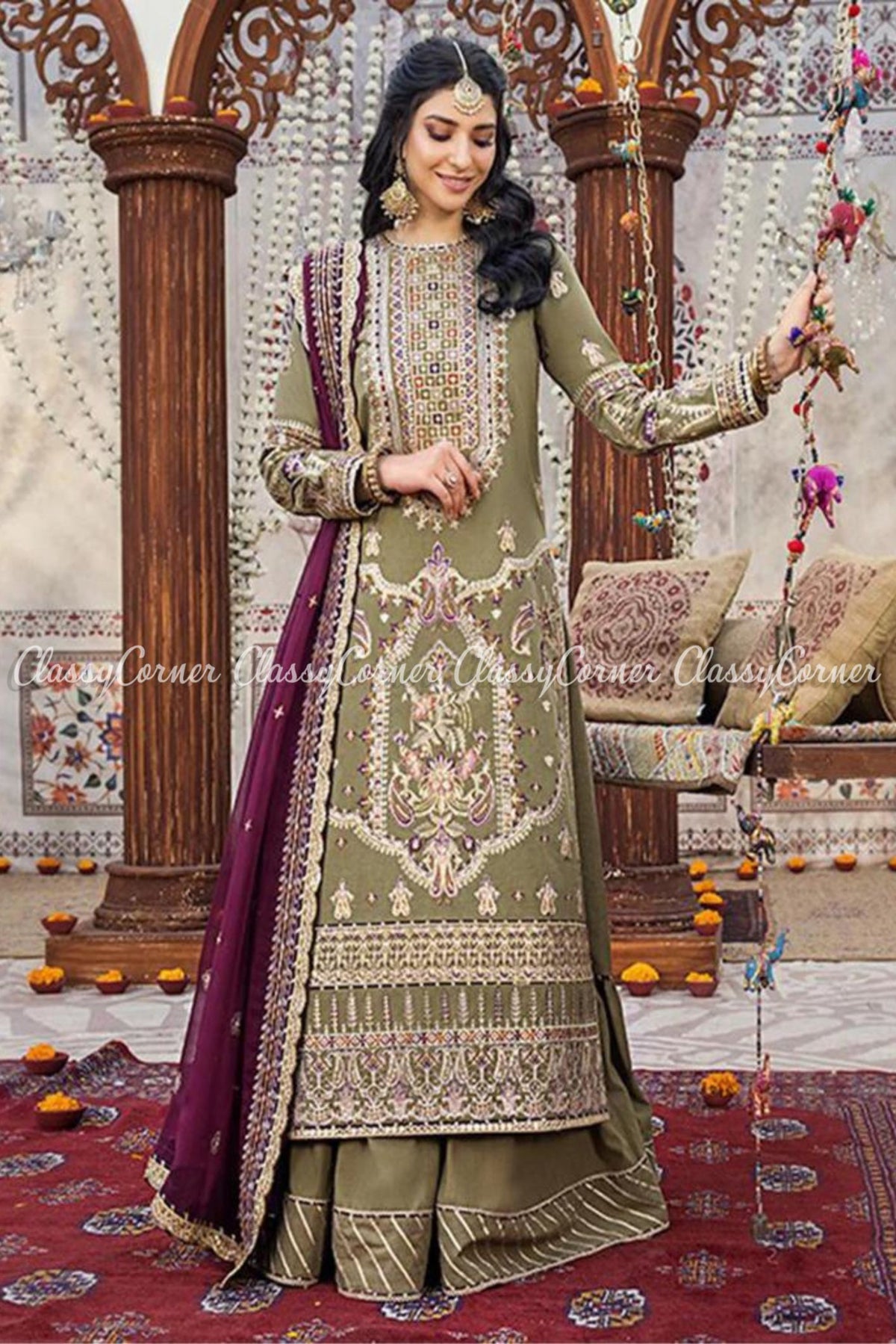 Sage Green Plum Lawn Embroidered Party Wear Gharara