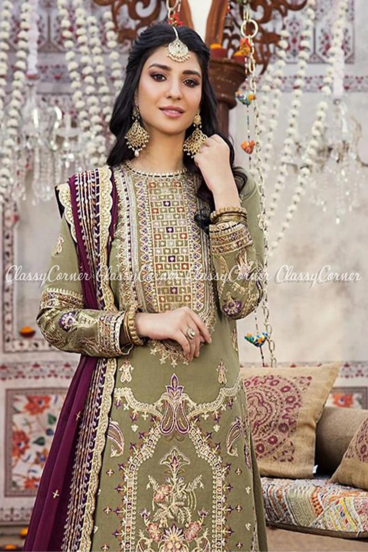 Sage Green Plum Lawn Embroidered Party Wear Gharara