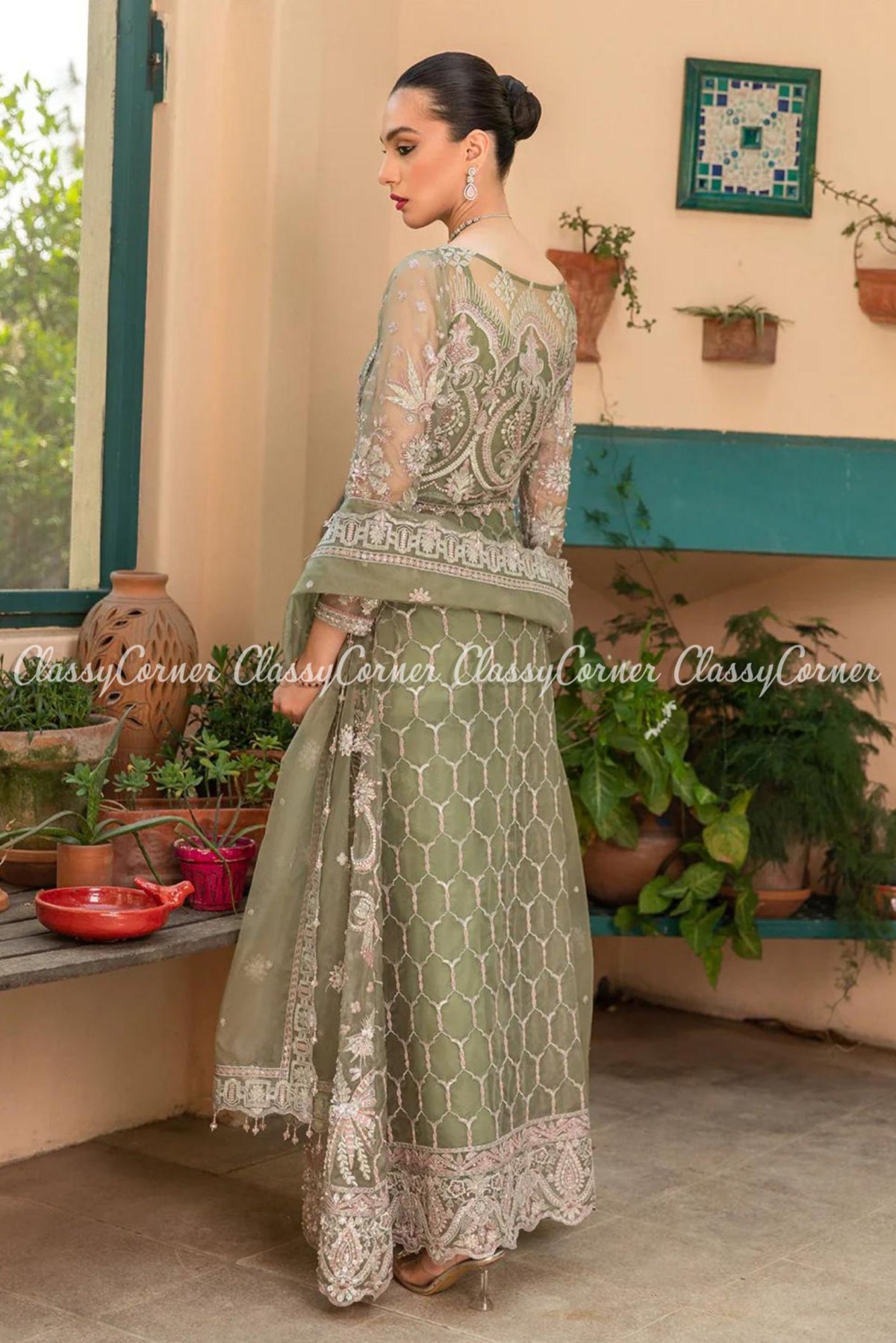 Sage Green Silver Organza Embroidered Gown Outfit