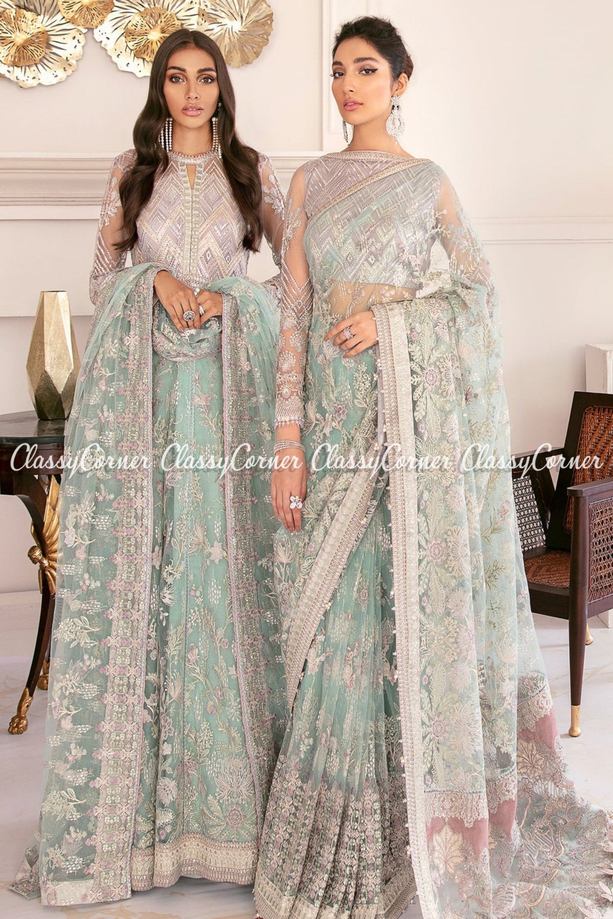 Sea Blue Lilac Net Embroidered Party Gown Saree Outfits