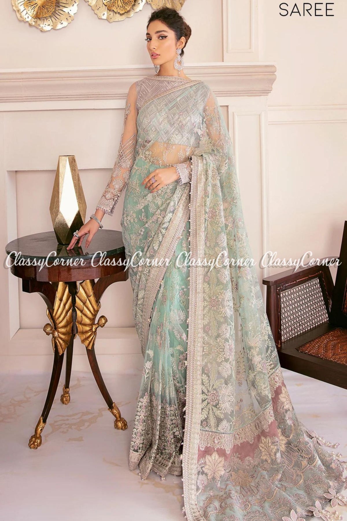 Sea Blue Lilac Net Embroidered Party Gown Saree Outfits