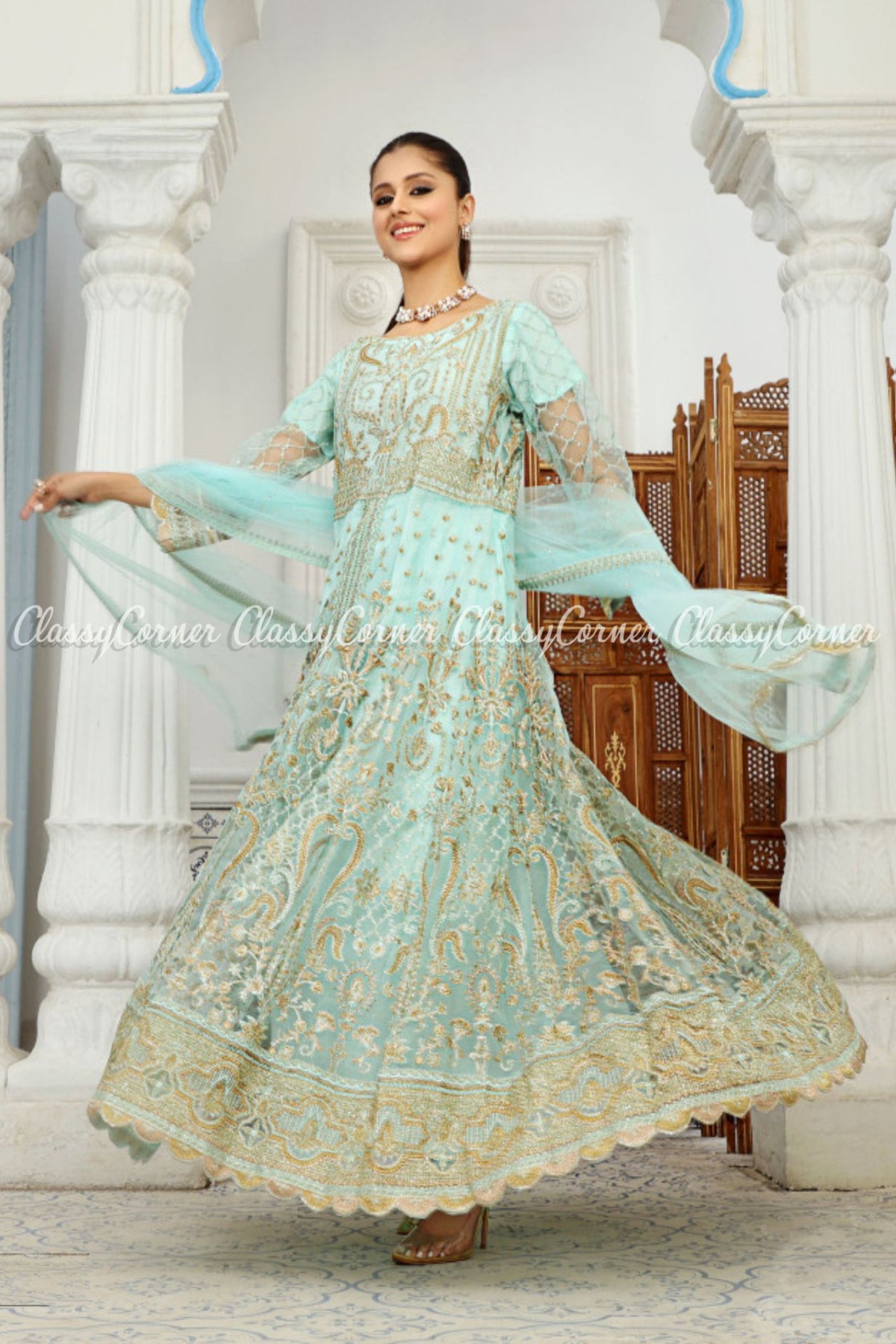 Pakistani Net Embroidered Readymade Gown Maxi Dress - Classy Corner
