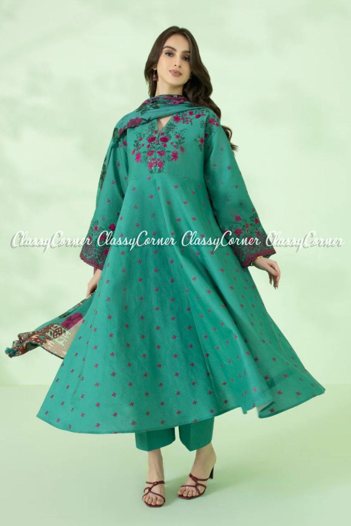 Sea Green Purple Lawn Embroidered Formal Wear 3 Piece Dress